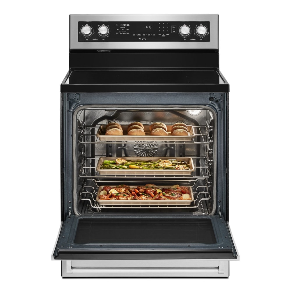 Estufa eléctrica independiente de 30 pulgadas con tapa de vidrio, 5 quemadores y horno de convección de 6.4 pies cúbicos (acero inoxidable con acabado PRINTSHIELD) KFEG504KPS