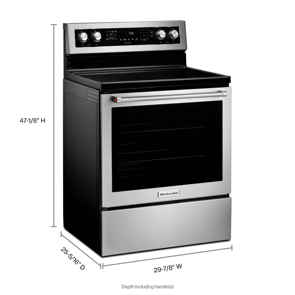 Estufa eléctrica independiente de 30 pulgadas con tapa de vidrio, 5 quemadores y horno de convección de 6.4 pies cúbicos (acero inoxidable con acabado PRINTSHIELD) KFEG504KPS
