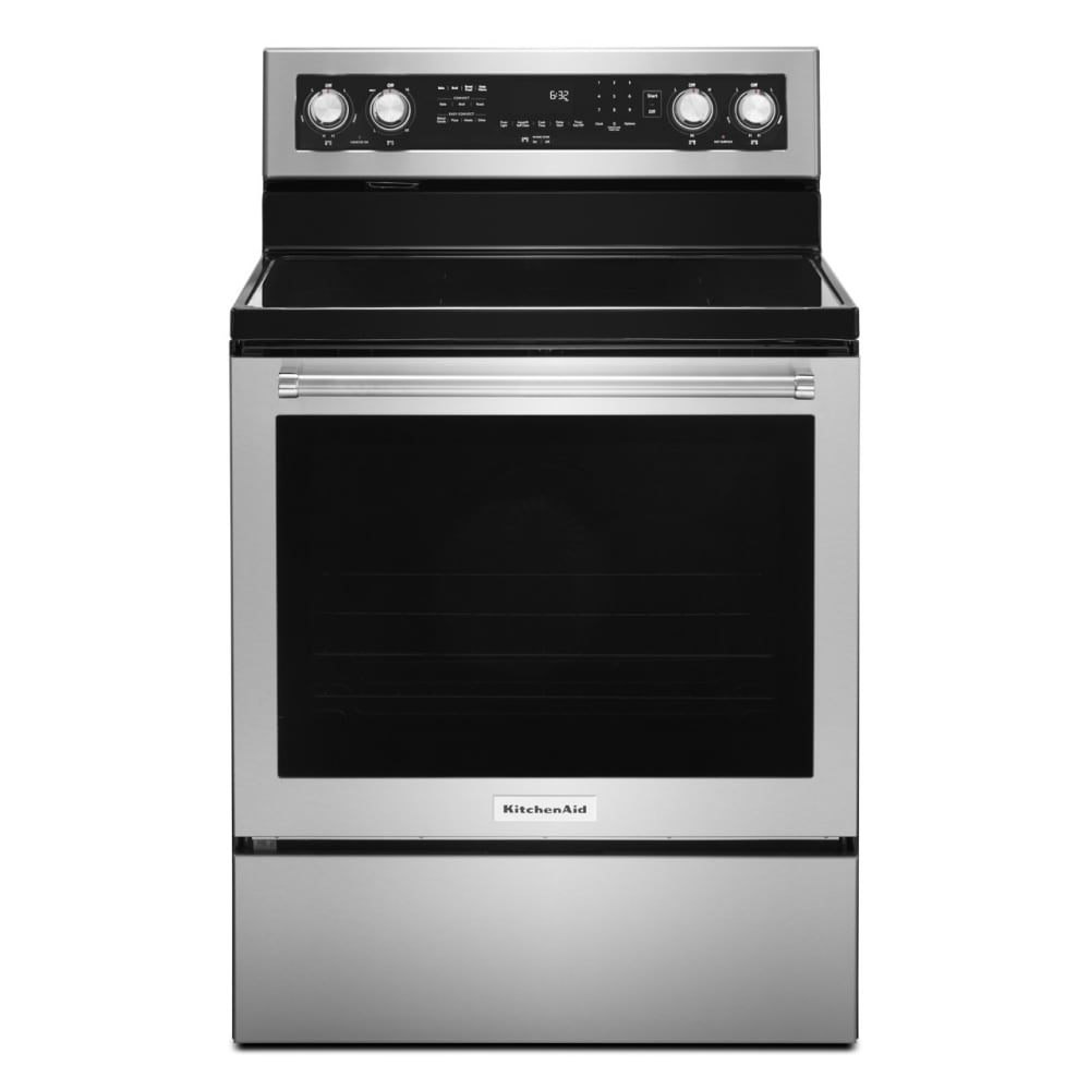 Estufa eléctrica independiente de 30 pulgadas con tapa de vidrio, 5 quemadores y horno de convección de 6.4 pies cúbicos (acero inoxidable con acabado PRINTSHIELD) KFEG504KPS
