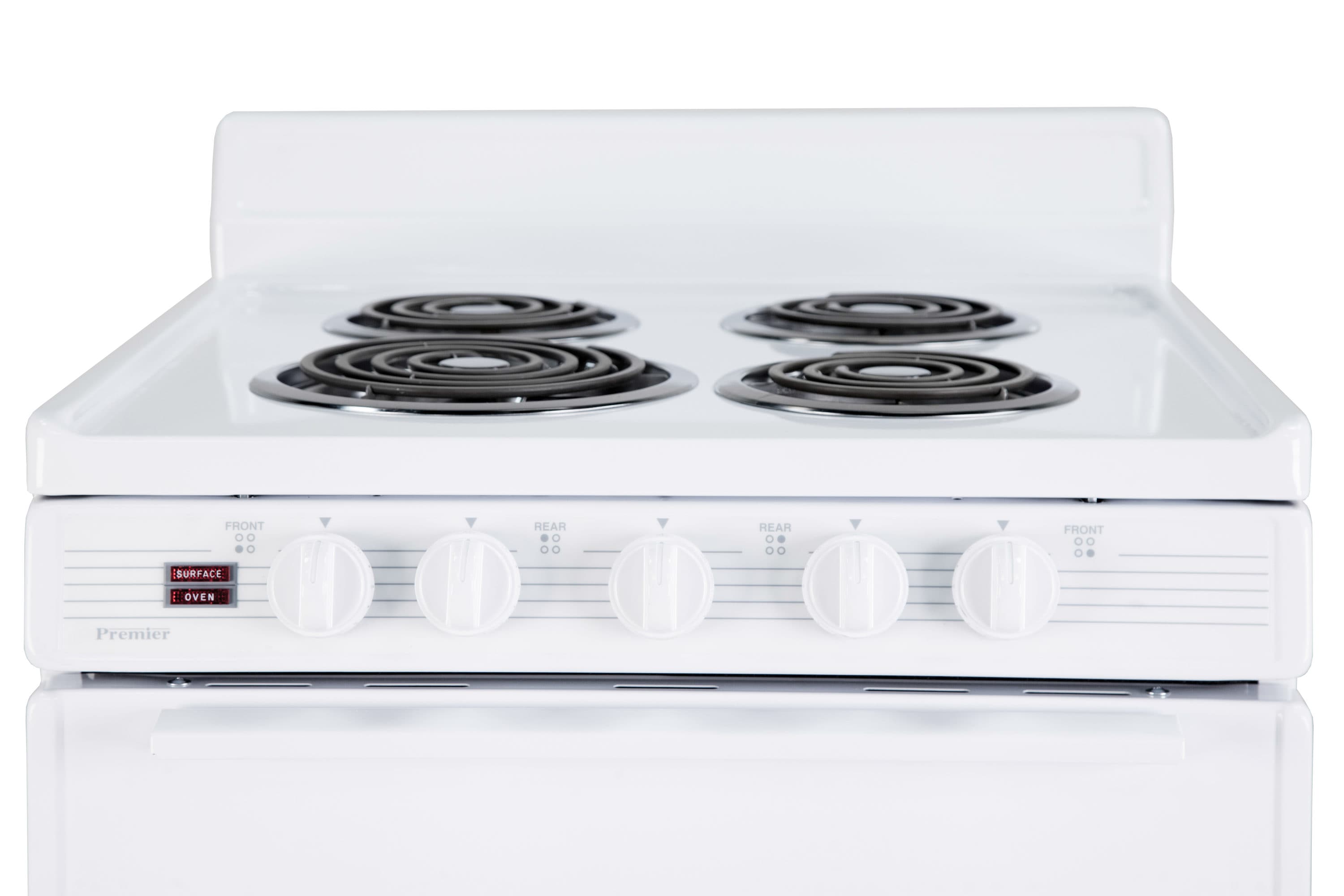 Estufa eléctrica independiente de 4 quemadores y 2.9 pies cúbicos de capacidad en color blanco de 24 pulgadas Premier