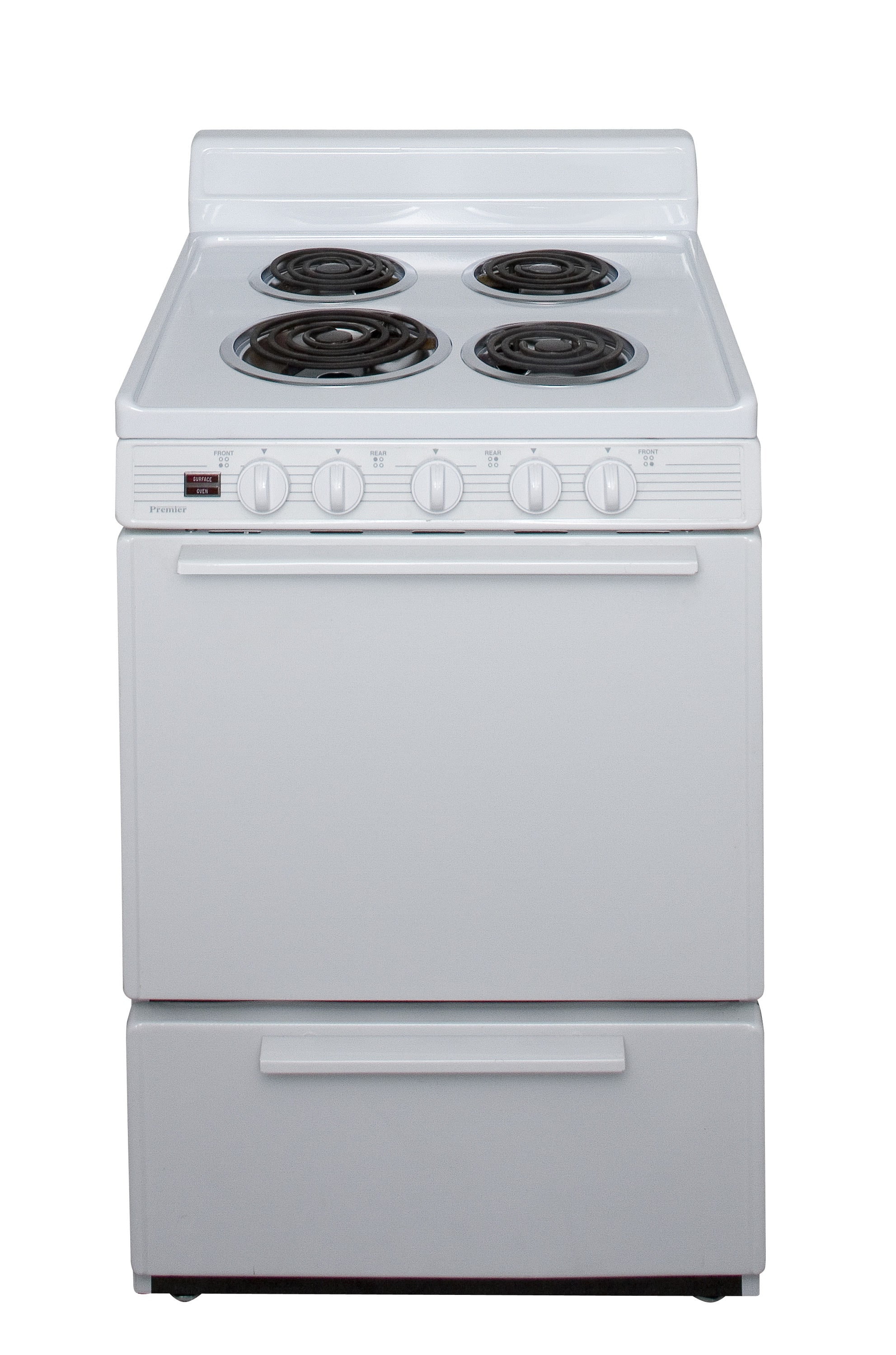 Estufa eléctrica independiente de 4 quemadores y 2.9 pies cúbicos de capacidad en color blanco de 24 pulgadas Premier