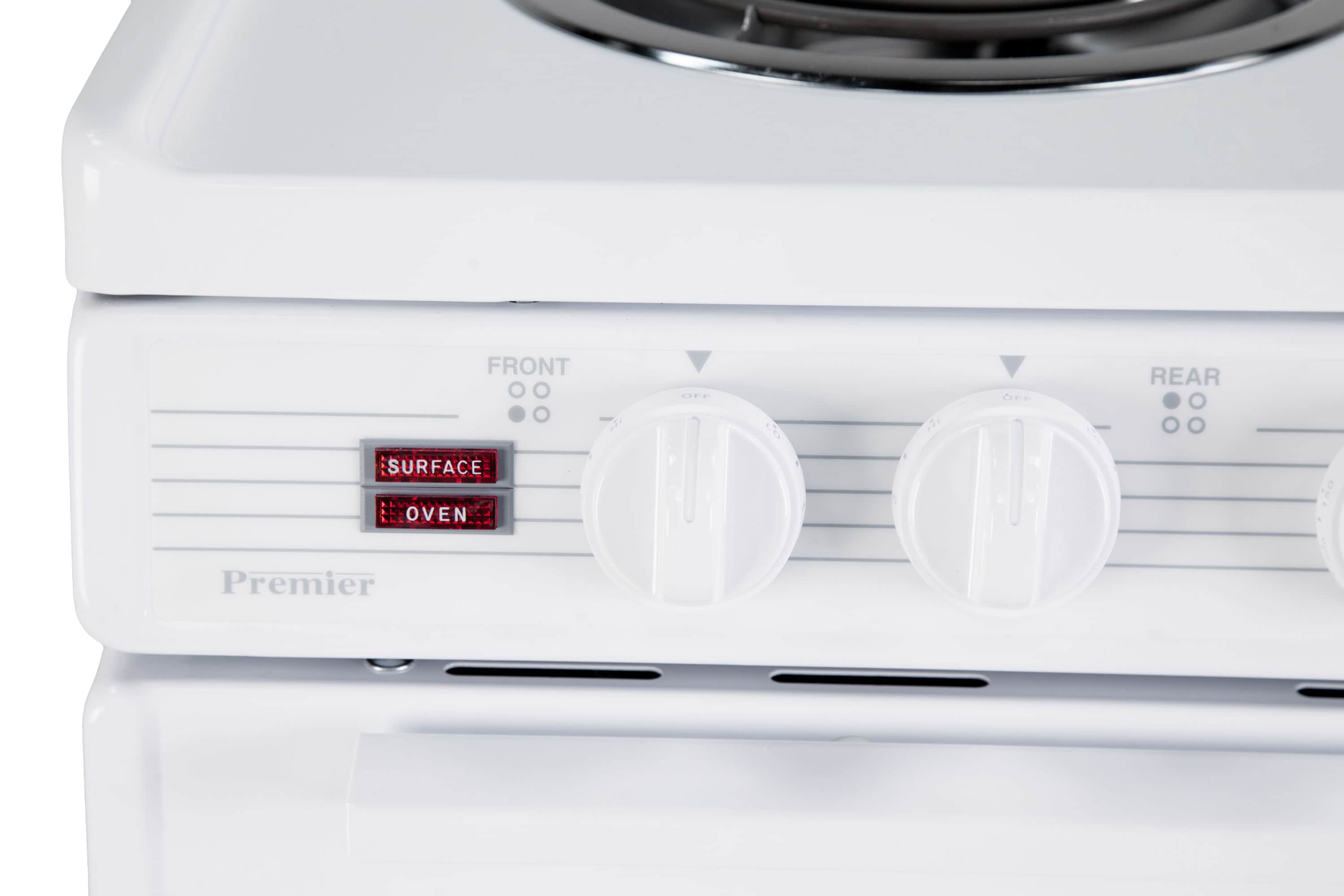 Estufa eléctrica independiente de 4 quemadores y 2.9 pies cúbicos de capacidad en color blanco de 24 pulgadas Premier