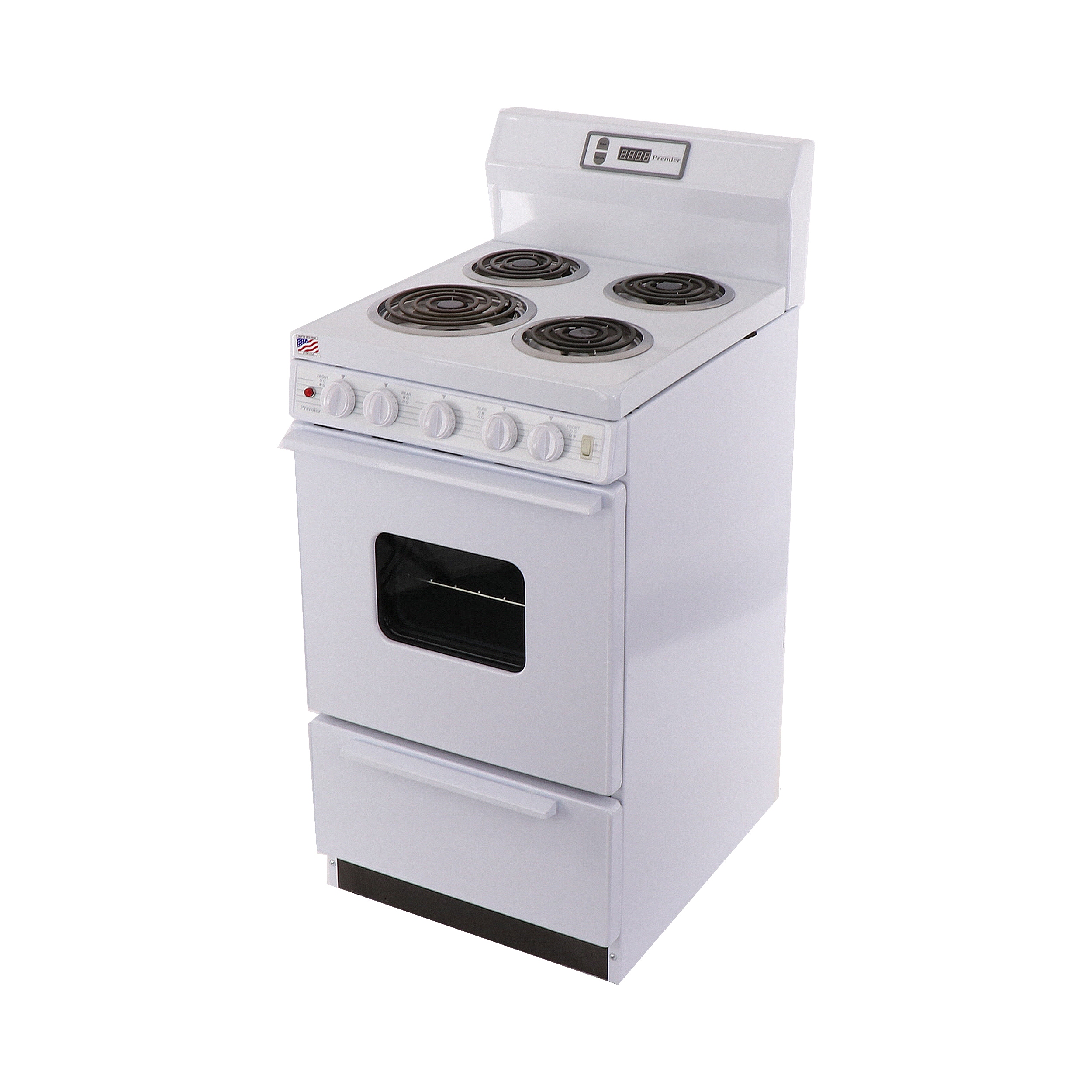 Estufa eléctrica independiente Premier de 20 pulgadas con 4 quemadores y horno de 2.4 pies cúbicos en color blanco