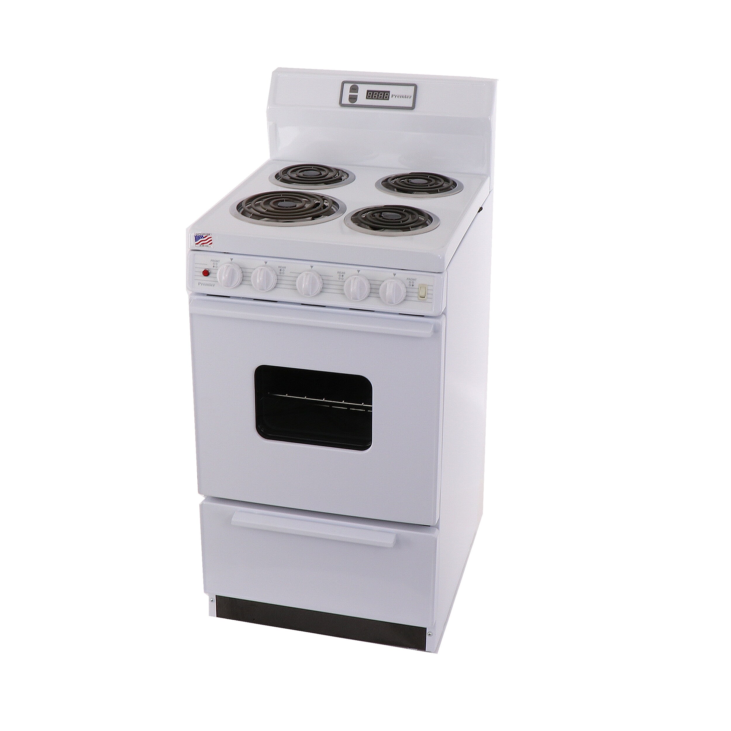 Estufa eléctrica independiente Premier de 20 pulgadas con 4 quemadores y horno de 2.4 pies cúbicos en color blanco