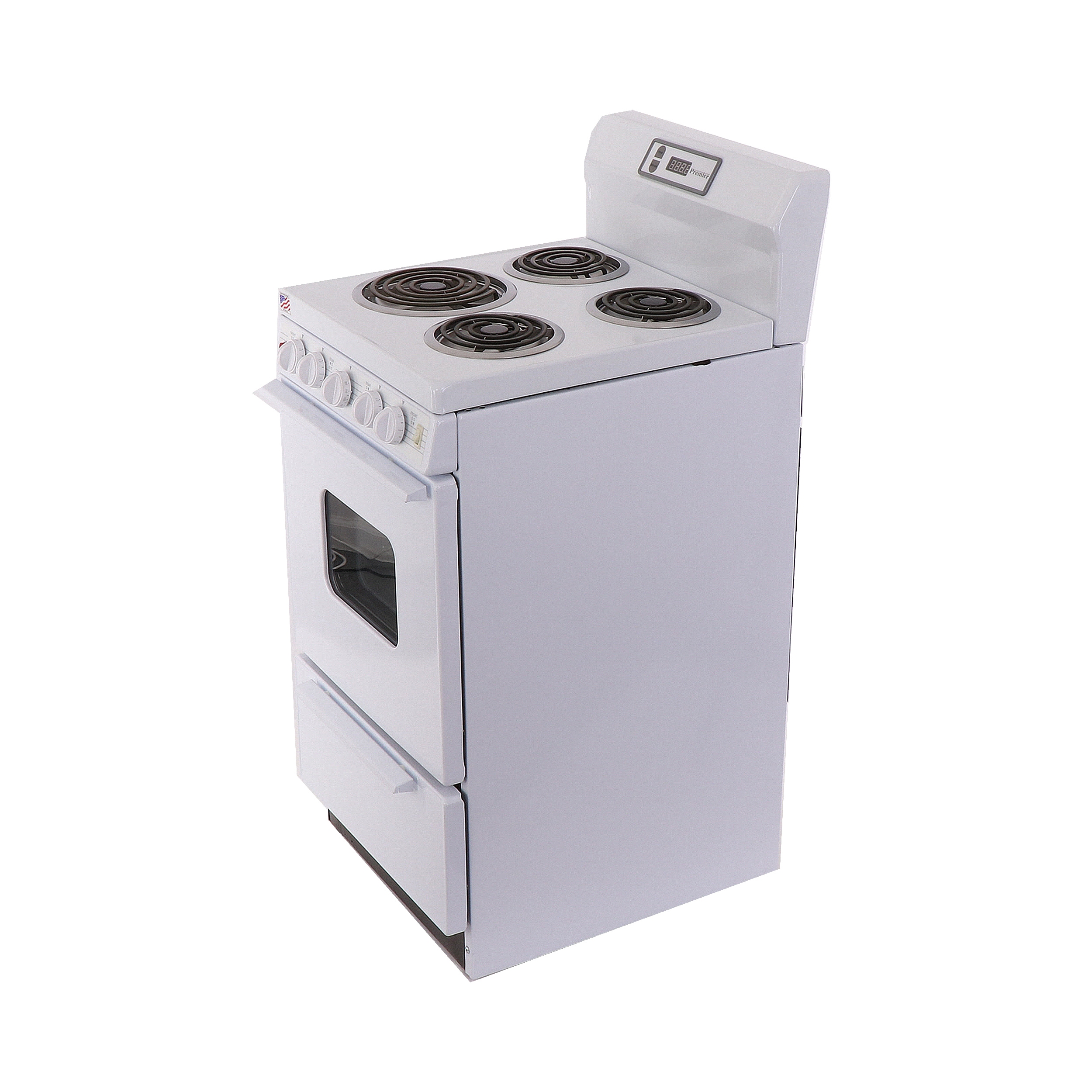 Estufa eléctrica independiente Premier de 20 pulgadas con 4 quemadores y horno de 2.4 pies cúbicos en color blanco