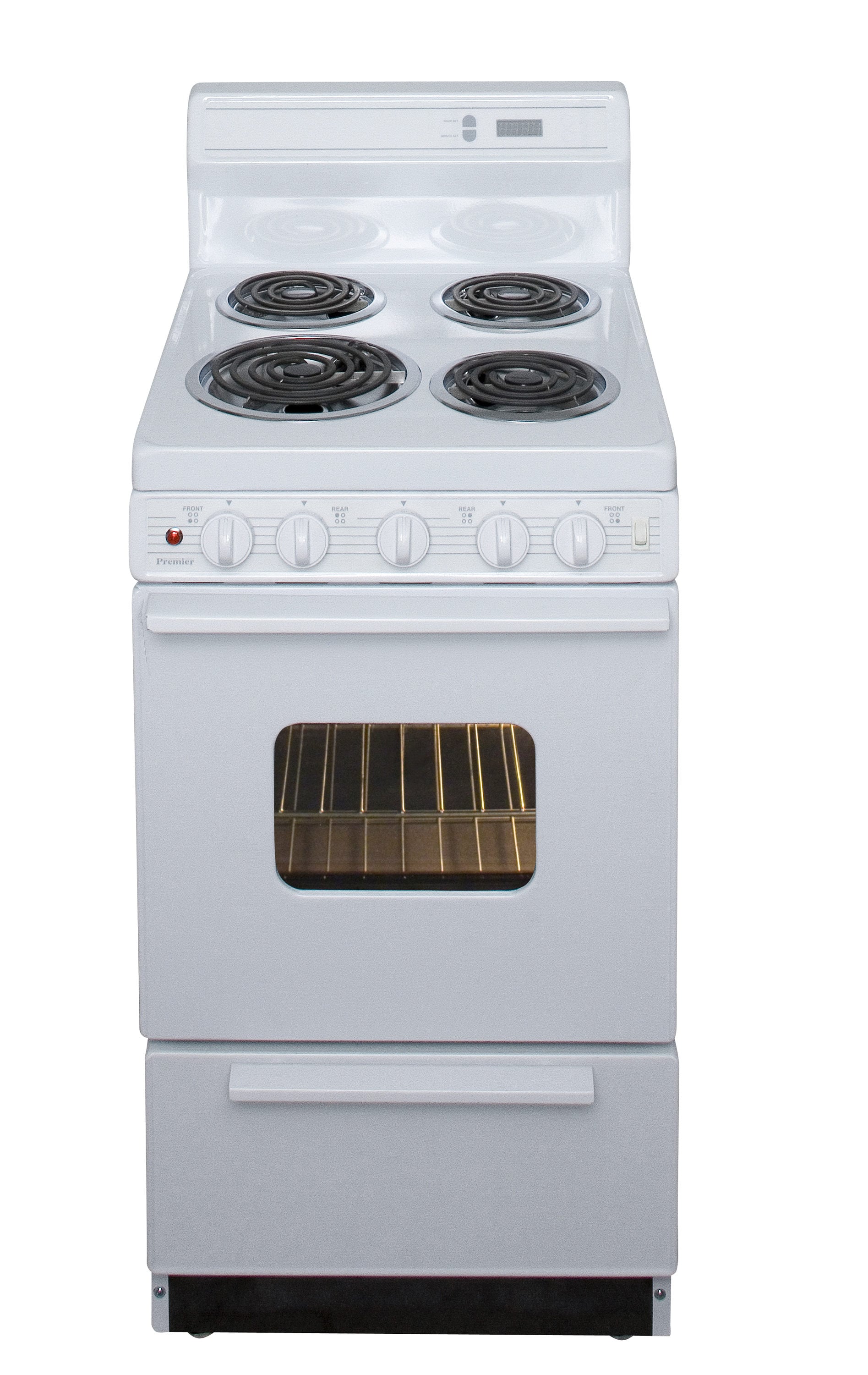 Estufa eléctrica independiente Premier de 20 pulgadas con 4 quemadores y horno de 2.4 pies cúbicos en color blanco