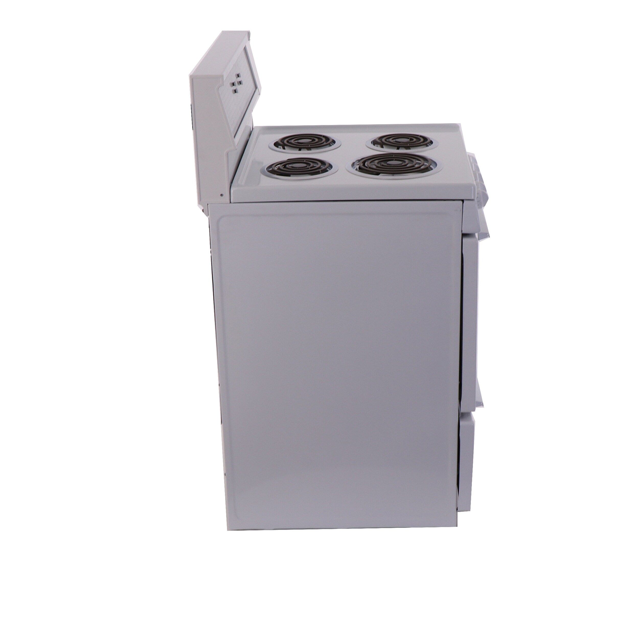 Estufa eléctrica independiente de 24 pulgadas con 4 quemadores y 2.9 pies cúbicos de capacidad en color blanco.