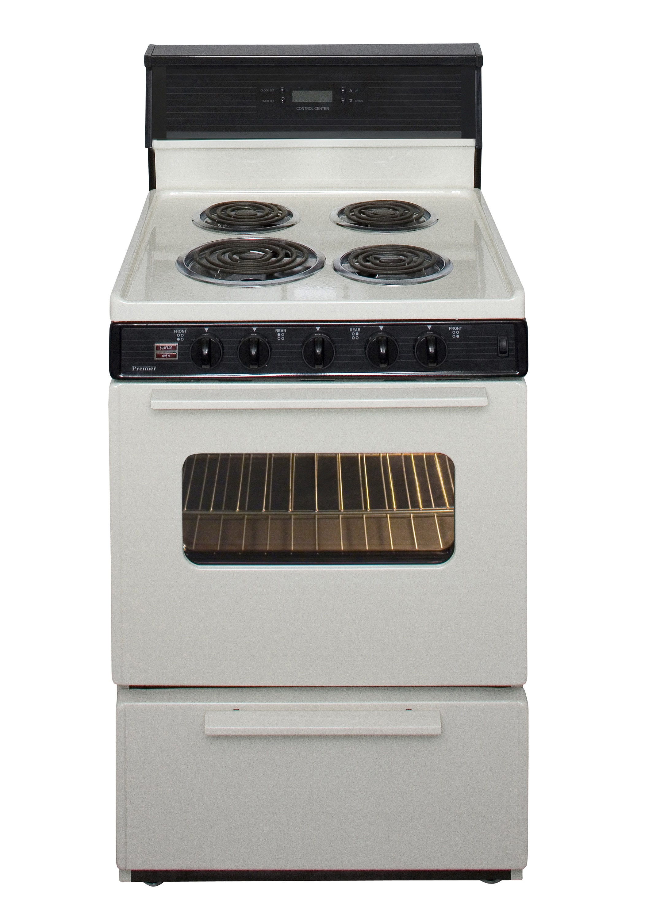 Estufa eléctrica independiente de 4 quemadores y 2.9 pies cúbicos color beige de 24 pulgadas Premier