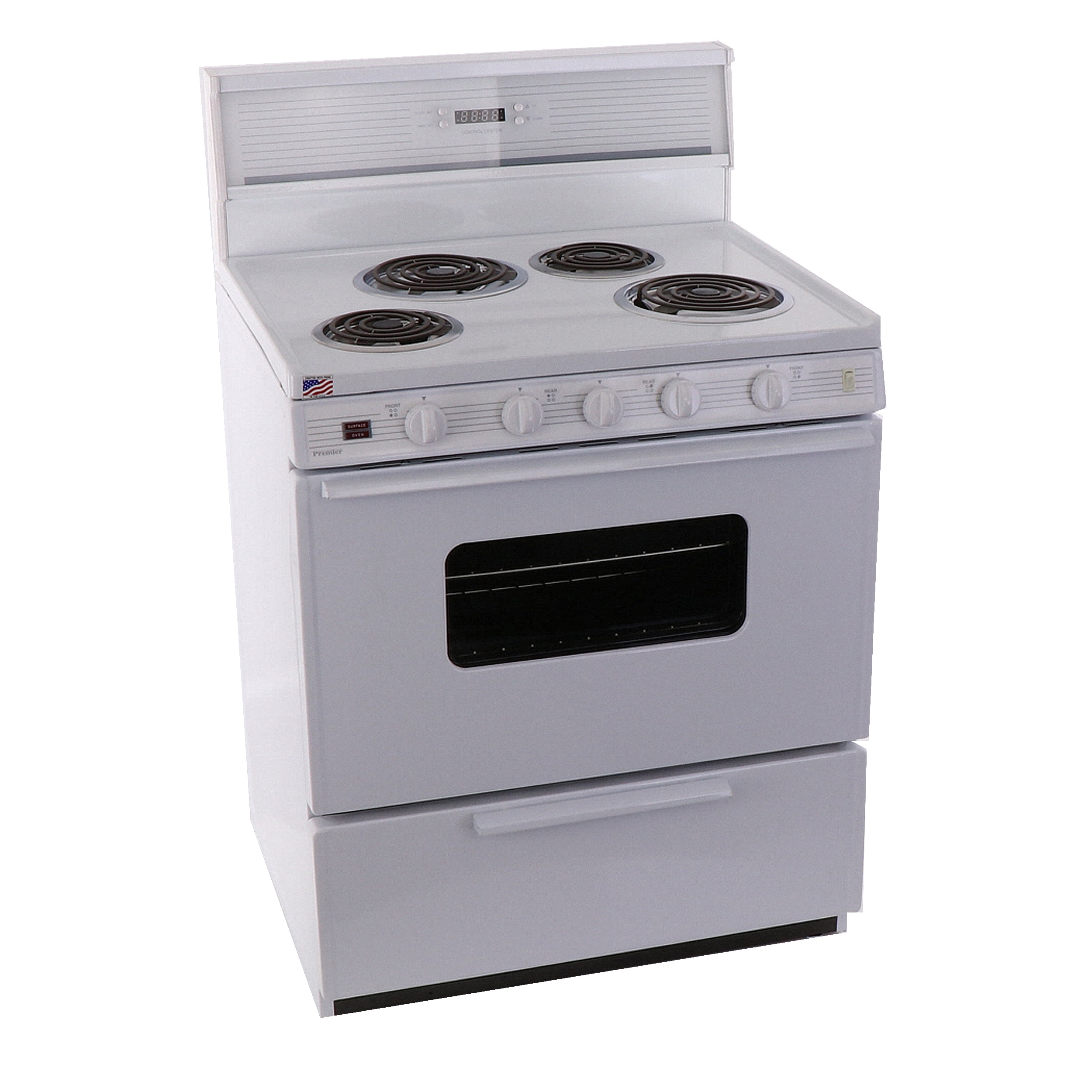 Estufa eléctrica de piso de 30 pulgadas con 4 quemadores y 3.9 pies cúbicos, color blanco.