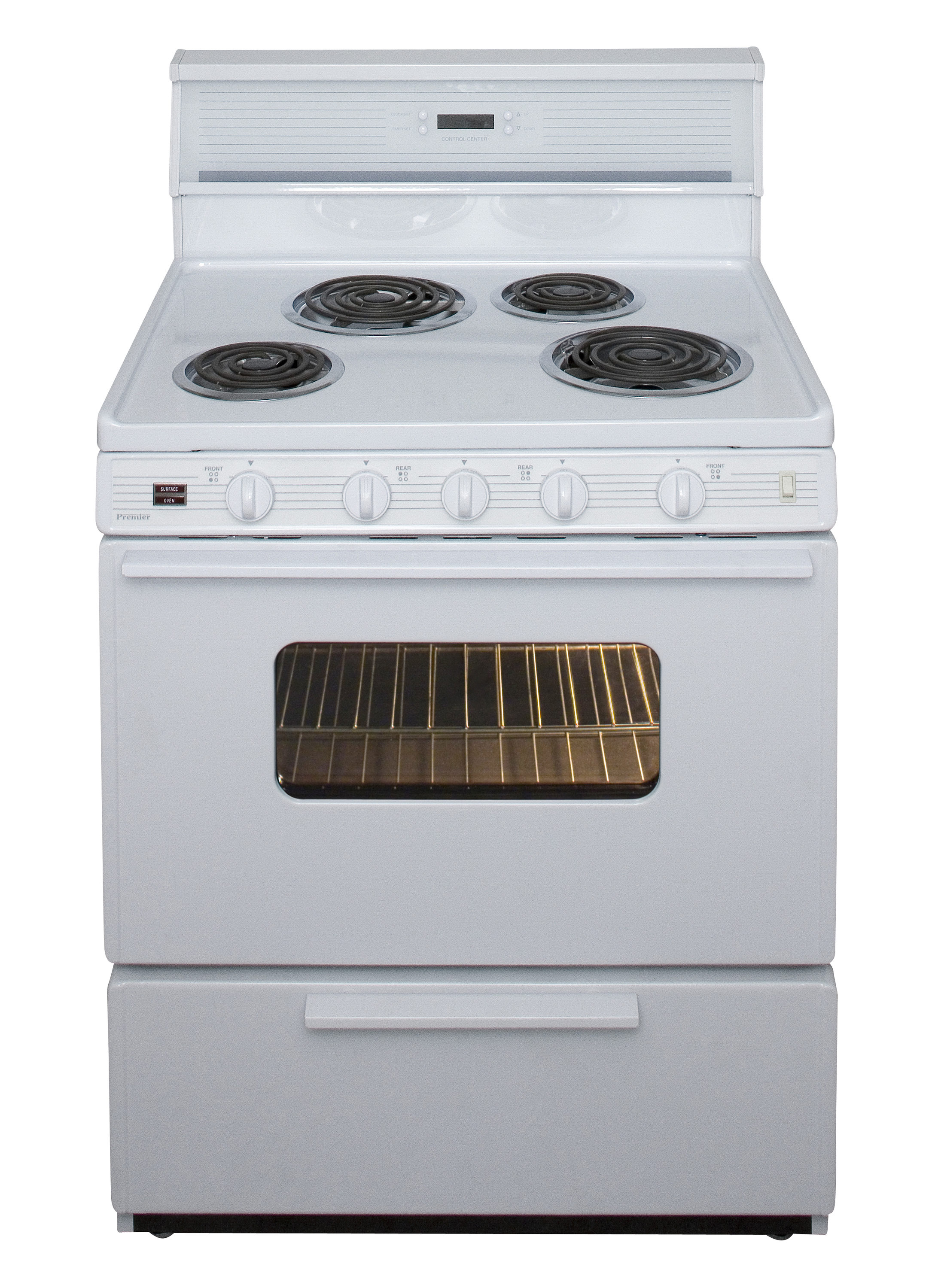 Estufa eléctrica de piso de 30 pulgadas con 4 quemadores y 3.9 pies cúbicos, color blanco.