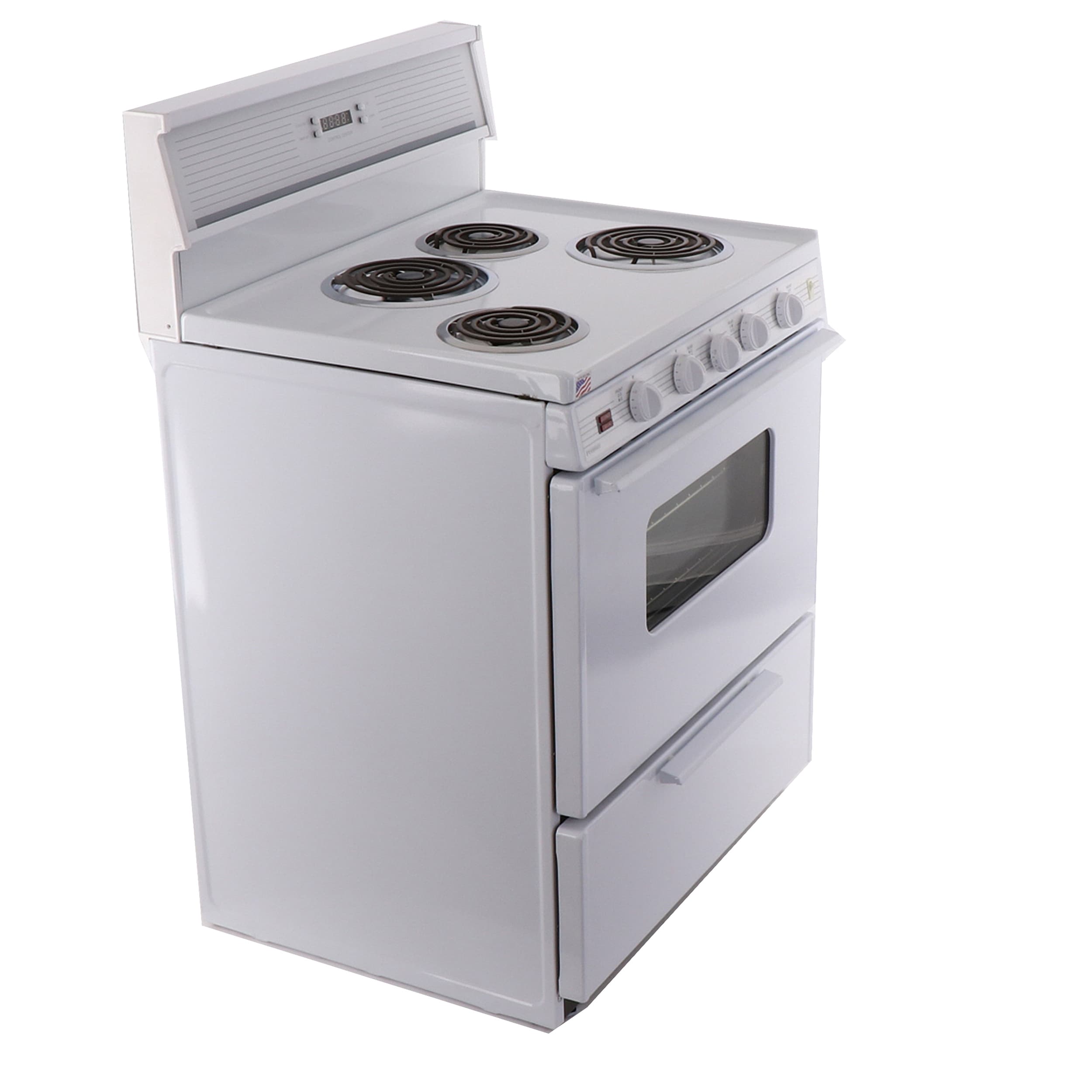 Estufa eléctrica de piso de 30 pulgadas con 4 quemadores y 3.9 pies cúbicos, color blanco.
