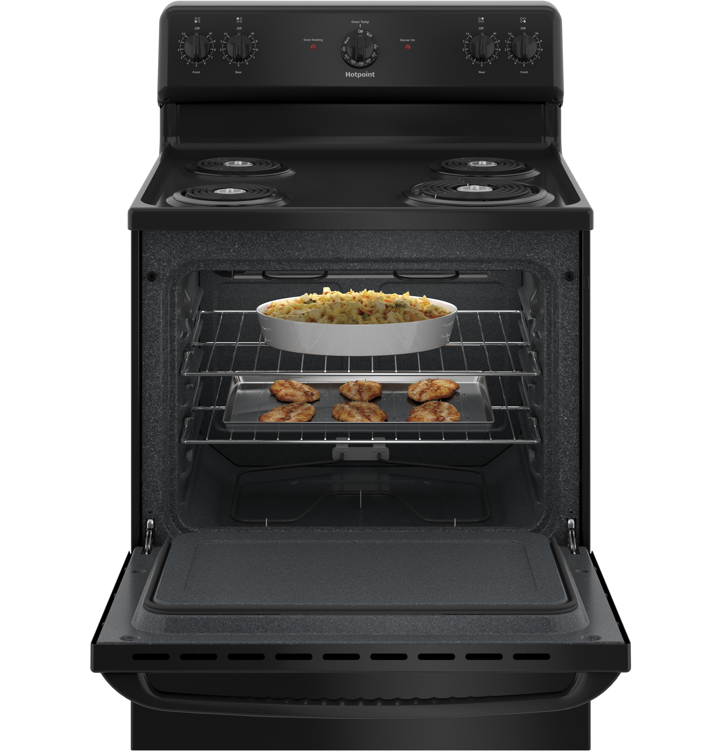 Estufa eléctrica independiente de 30 pulgadas con 4 quemadores y horno de 5.0 pies cúbicos (Negra)
