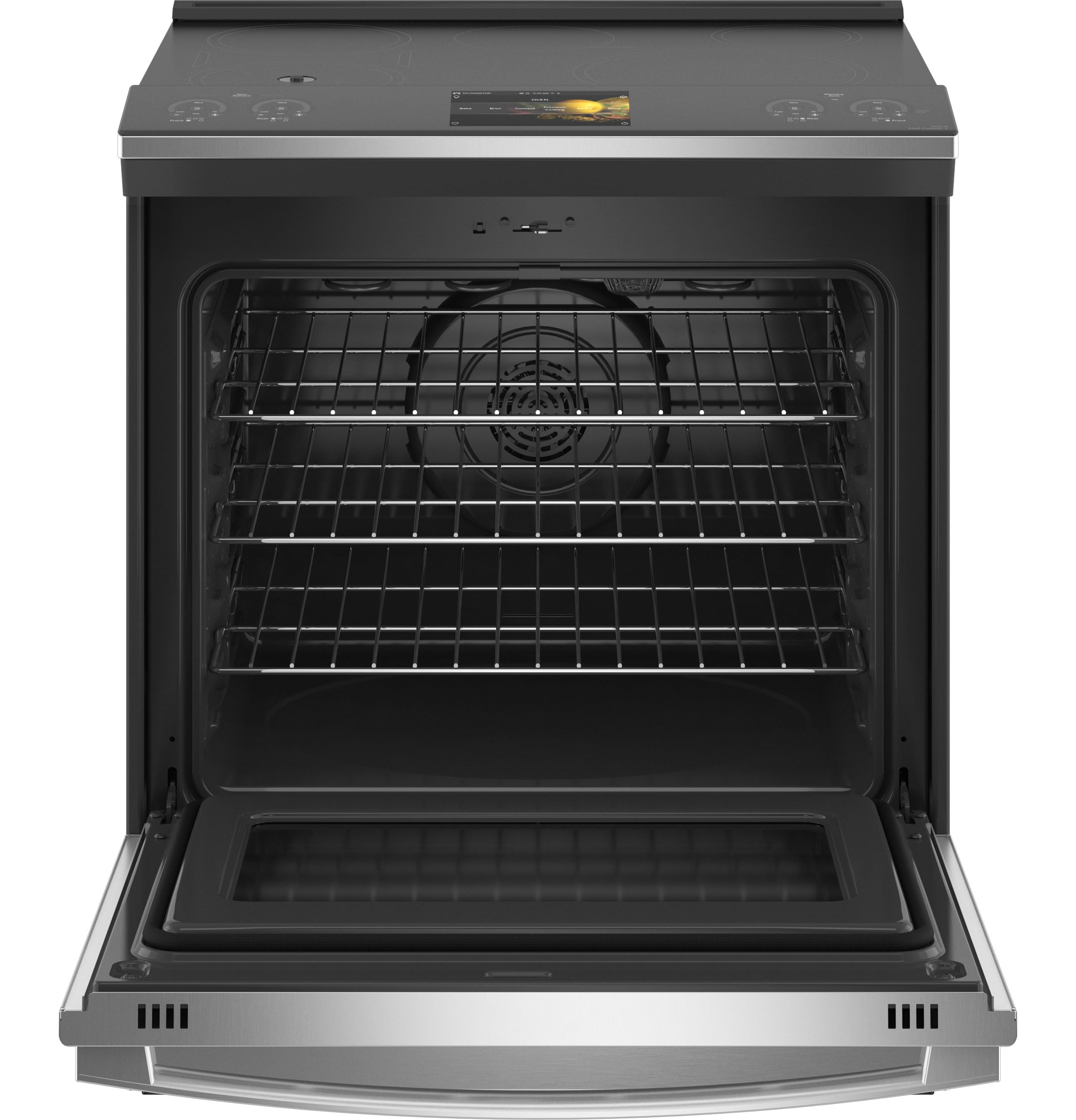 Estufa de Inducción Deslizable con Horno de Aire Freidor y Convección de 30 pulgadas y 5 Quemadores de 5.3 pies cúbicos (Acero Inoxidable Resistente a las Huellas Dactilares) de GE Profile