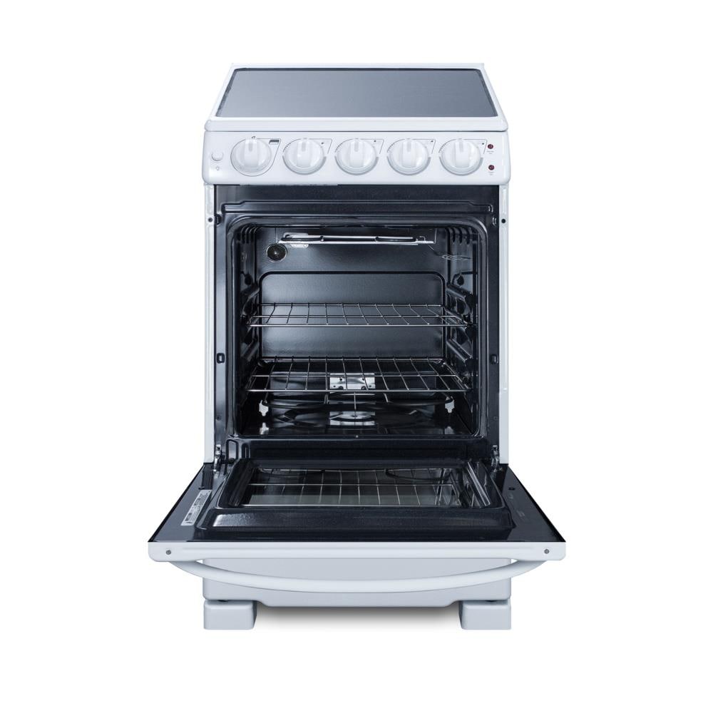 Estufa eléctrica independiente Summit Appliance White Pearl 20 pulgadas con 4 quemadores y 2.3 pies cúbicos de capacidad en color blanco.