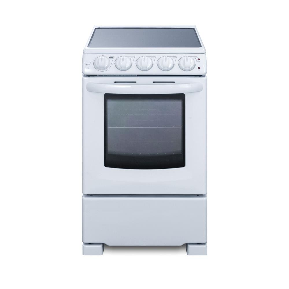 Estufa eléctrica independiente Summit Appliance White Pearl 20 pulgadas con 4 quemadores y 2.3 pies cúbicos de capacidad en color blanco.
