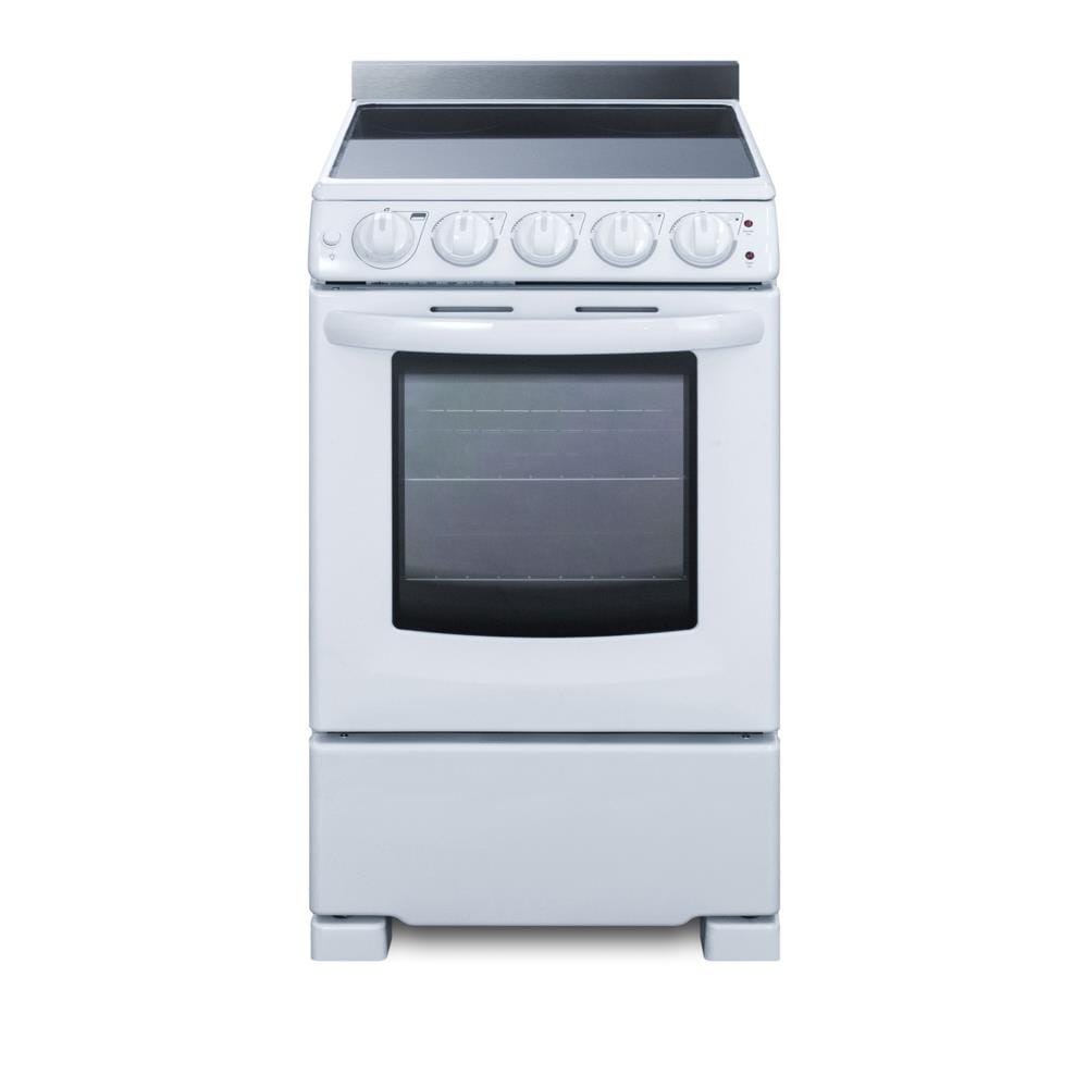 Estufa eléctrica independiente Summit Appliance White Pearl 20 pulgadas con 4 quemadores y 2.3 pies cúbicos de capacidad en color blanco.