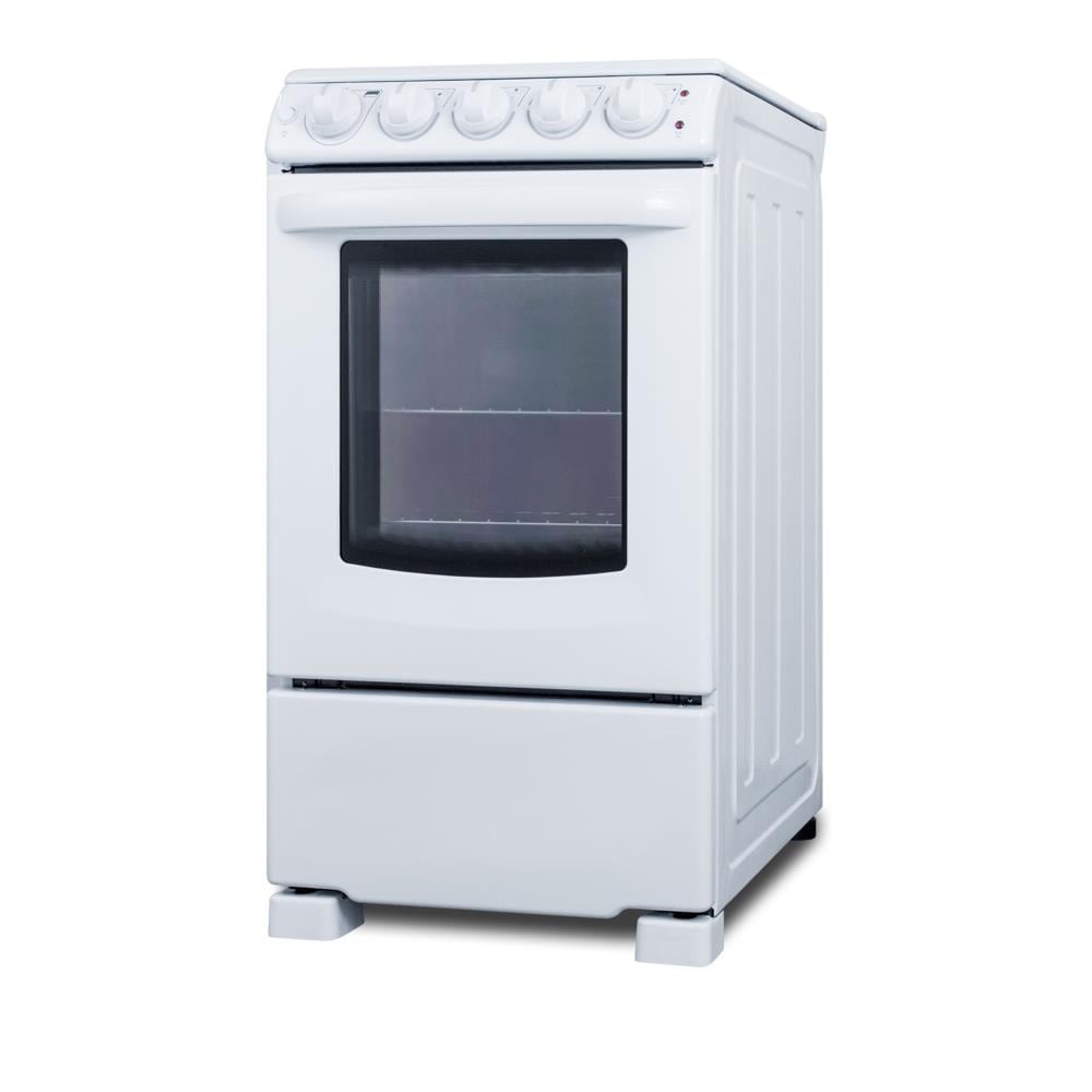 Estufa eléctrica independiente Summit Appliance White Pearl 20 pulgadas con 4 quemadores y 2.3 pies cúbicos de capacidad en color blanco.