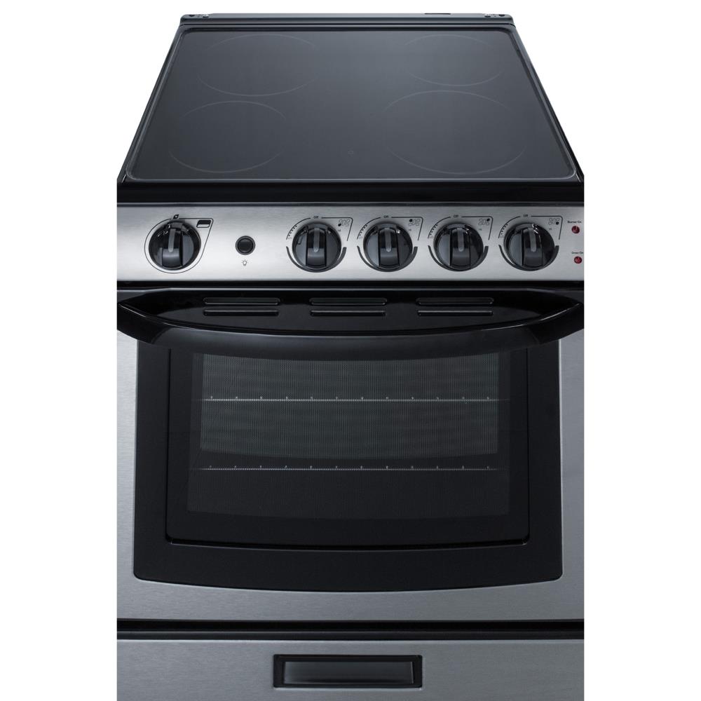 Estufa eléctrica independiente de 24 pulgadas con 4 quemadores de vidrio blanco perla Summit Appliance de acero inoxidable con capacidad de 2.9 pies cúbicos.