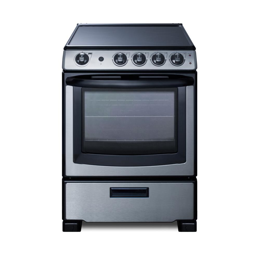Estufa eléctrica independiente de 24 pulgadas con 4 quemadores de vidrio blanco perla Summit Appliance de acero inoxidable con capacidad de 2.9 pies cúbicos.