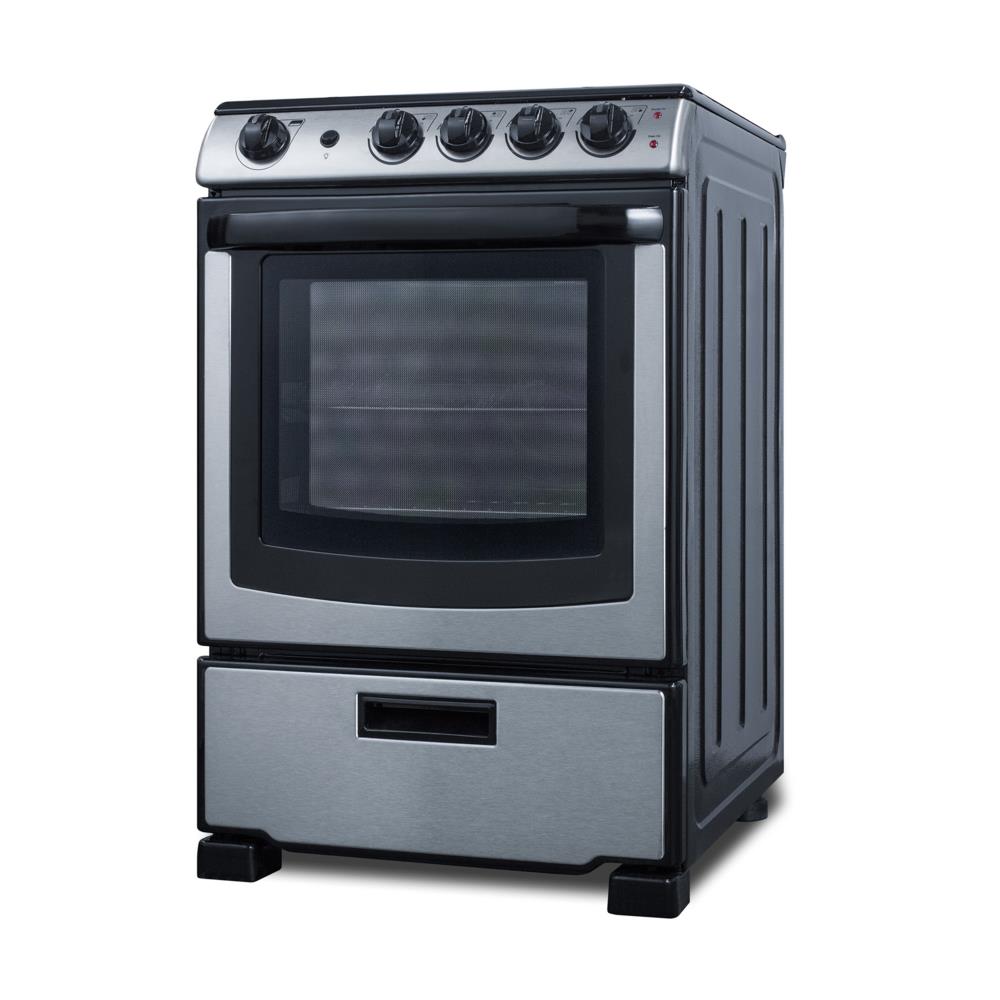 Estufa eléctrica independiente de 24 pulgadas con 4 quemadores de vidrio blanco perla Summit Appliance de acero inoxidable con capacidad de 2.9 pies cúbicos.