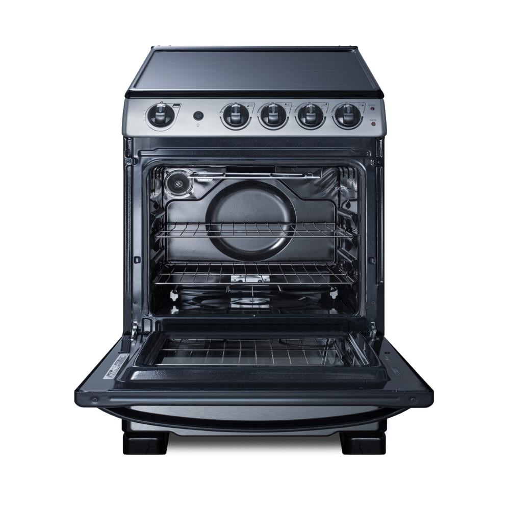Estufa eléctrica independiente de 24 pulgadas con 4 quemadores de vidrio blanco perla Summit Appliance de acero inoxidable con capacidad de 2.9 pies cúbicos.