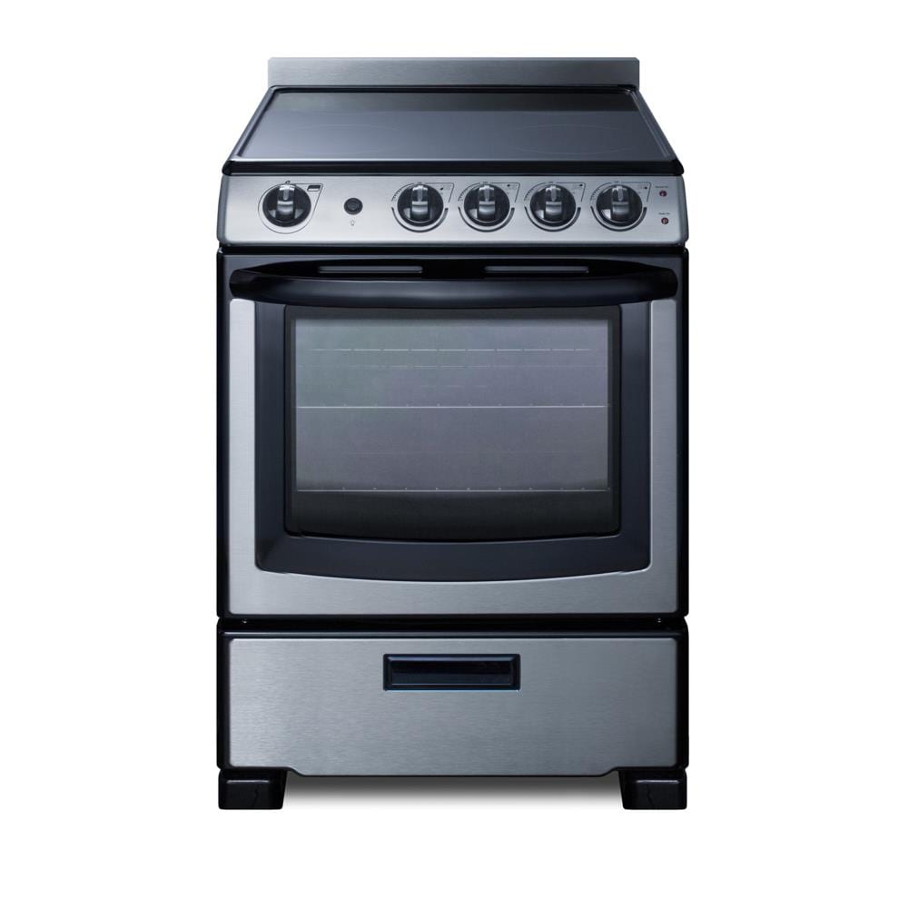 Estufa eléctrica independiente de 24 pulgadas con 4 quemadores de vidrio blanco perla Summit Appliance de acero inoxidable con capacidad de 2.9 pies cúbicos.