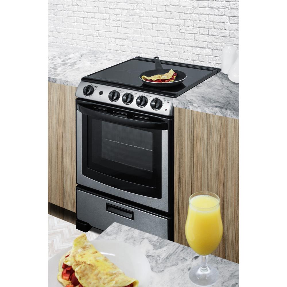 Estufa eléctrica independiente de 24 pulgadas con 4 quemadores de vidrio blanco perla Summit Appliance de acero inoxidable con capacidad de 2.9 pies cúbicos.