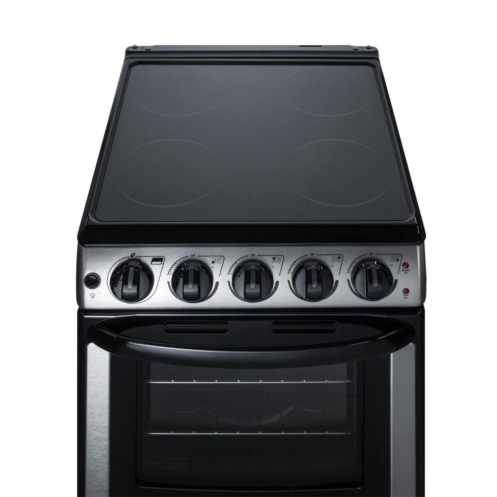 Estufa eléctrica independiente con 4 quemadores de cristal de 20 pulgadas en color blanco perla y 2.3 pies cúbicos de capacidad en acero inoxidable.
