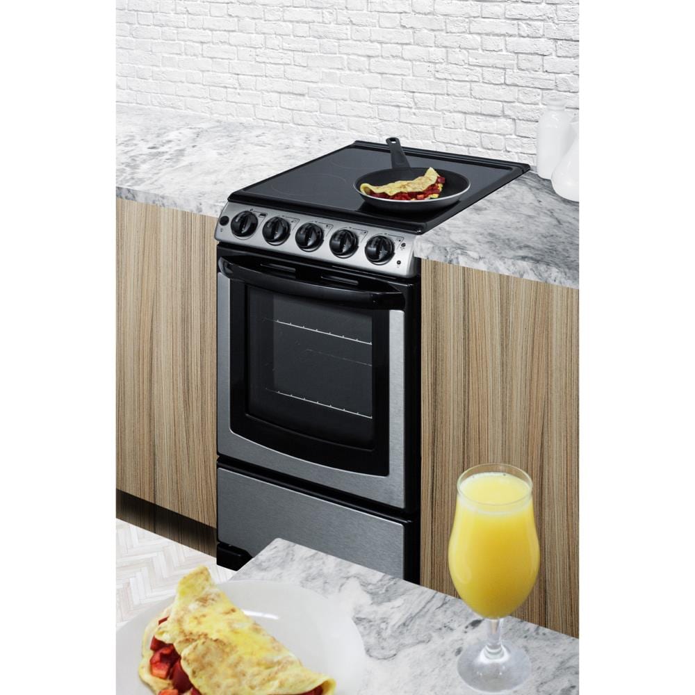 Estufa eléctrica independiente con 4 quemadores de cristal de 20 pulgadas en color blanco perla y 2.3 pies cúbicos de capacidad en acero inoxidable.