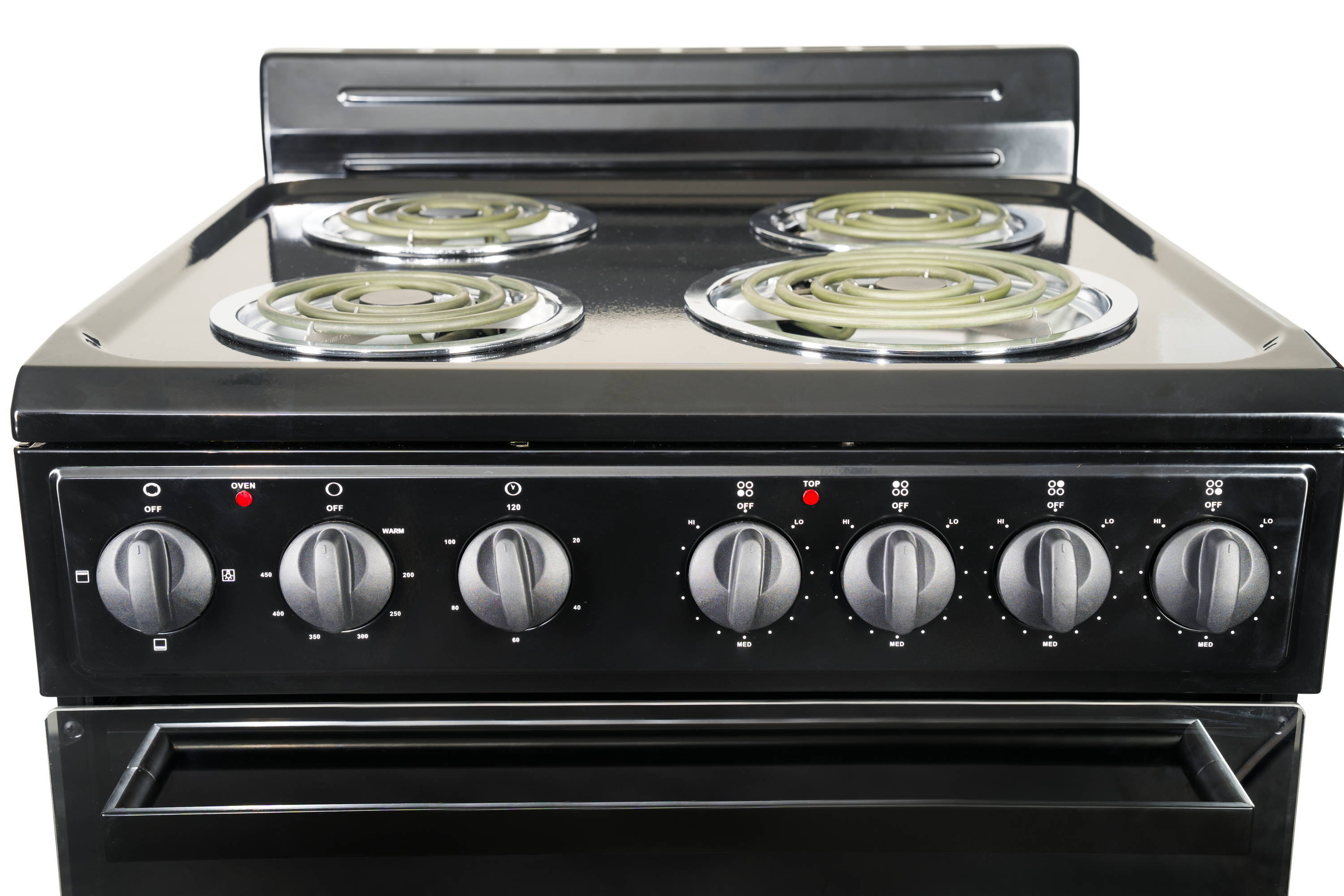 Estufa Eléctrica Independiente de 4 quemadores y 2.7 pies cúbicos, Premium Levella de 24 pulgadas (Negro con Puerta de Vidrio Espejado)