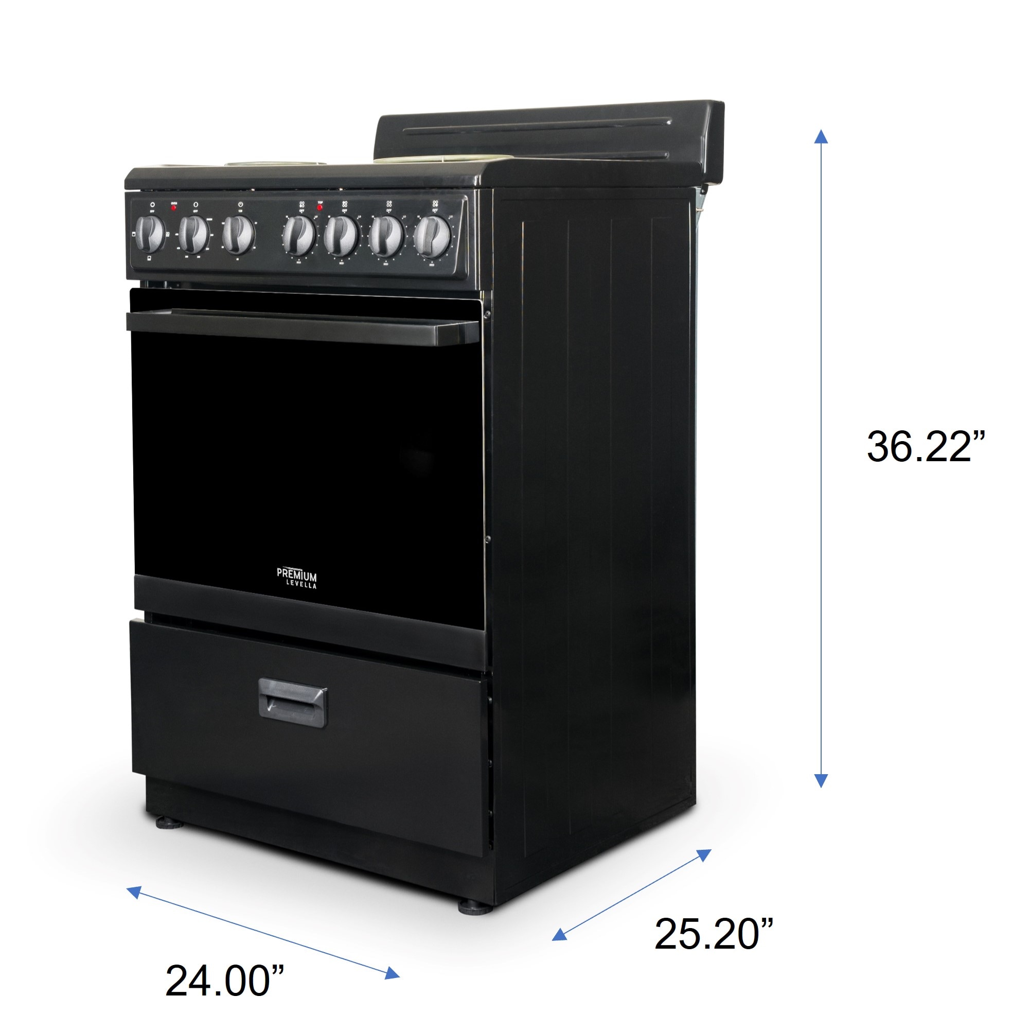 Estufa Eléctrica Independiente de 4 quemadores y 2.7 pies cúbicos, Premium Levella de 24 pulgadas (Negro con Puerta de Vidrio Espejado)