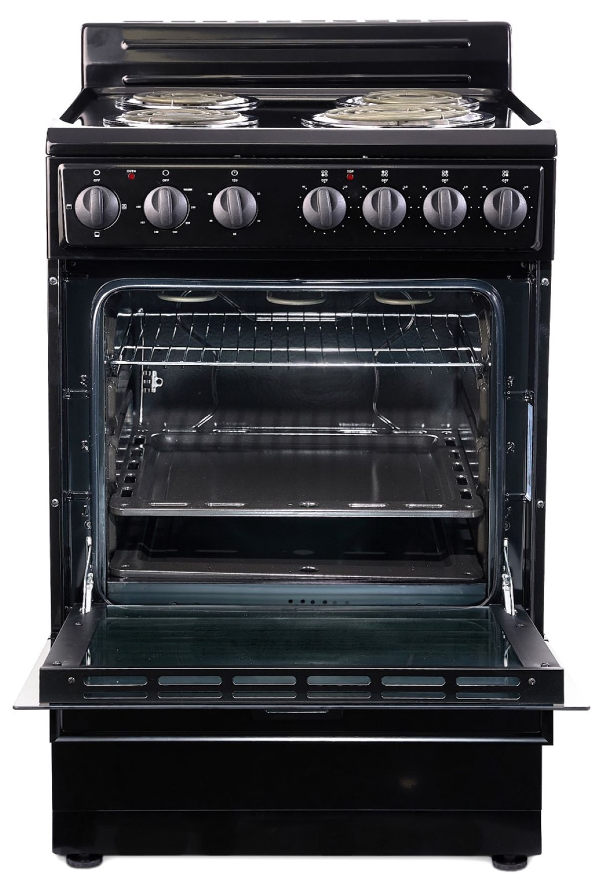 Estufa Eléctrica Independiente de 4 quemadores y 2.7 pies cúbicos, Premium Levella de 24 pulgadas (Negro con Puerta de Vidrio Espejado)
