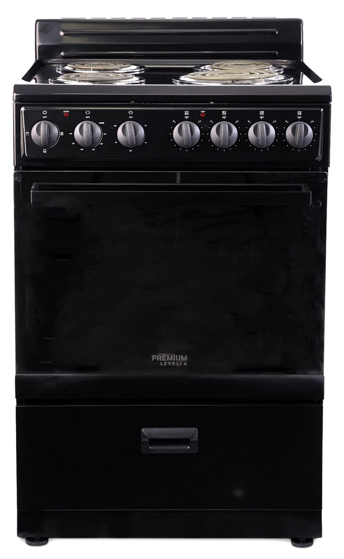 Estufa Eléctrica Independiente de 4 quemadores y 2.7 pies cúbicos, Premium Levella de 24 pulgadas (Negro con Puerta de Vidrio Espejado)