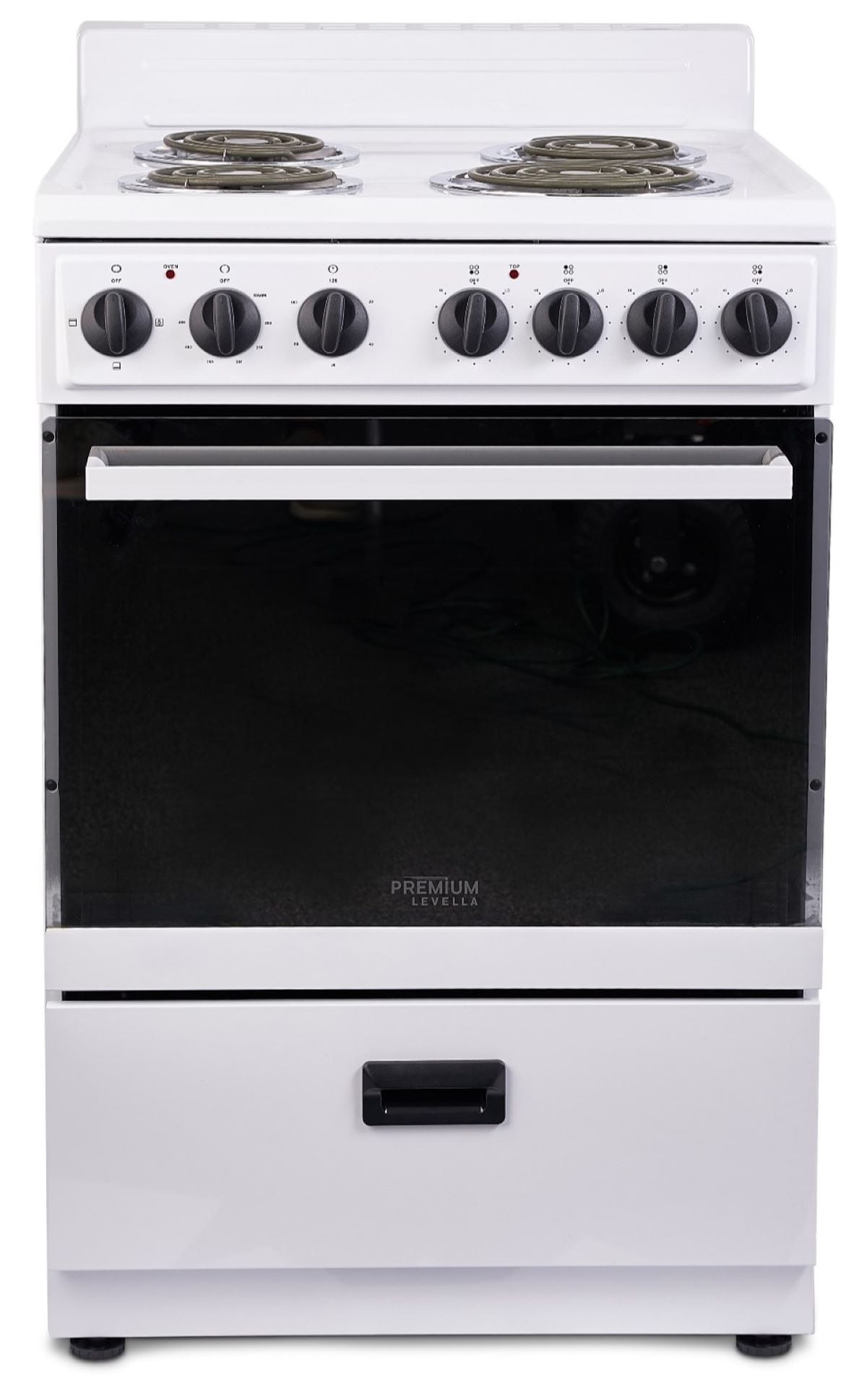 Estufa Eléctrica Independiente de 24 pulgadas con 4 quemadores y 2.7 pies cúbicos Levella Premium (blanca con mango blanco y perillas negras)