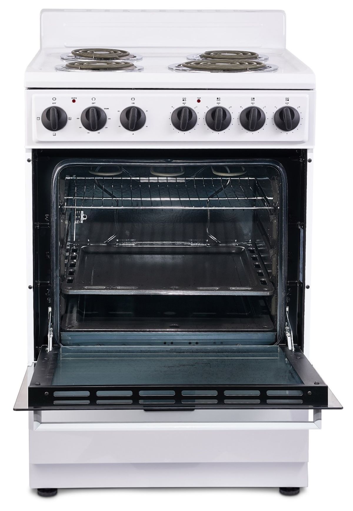 Estufa Eléctrica Independiente de 24 pulgadas con 4 quemadores y 2.7 pies cúbicos Levella Premium (blanca con mango blanco y perillas negras)