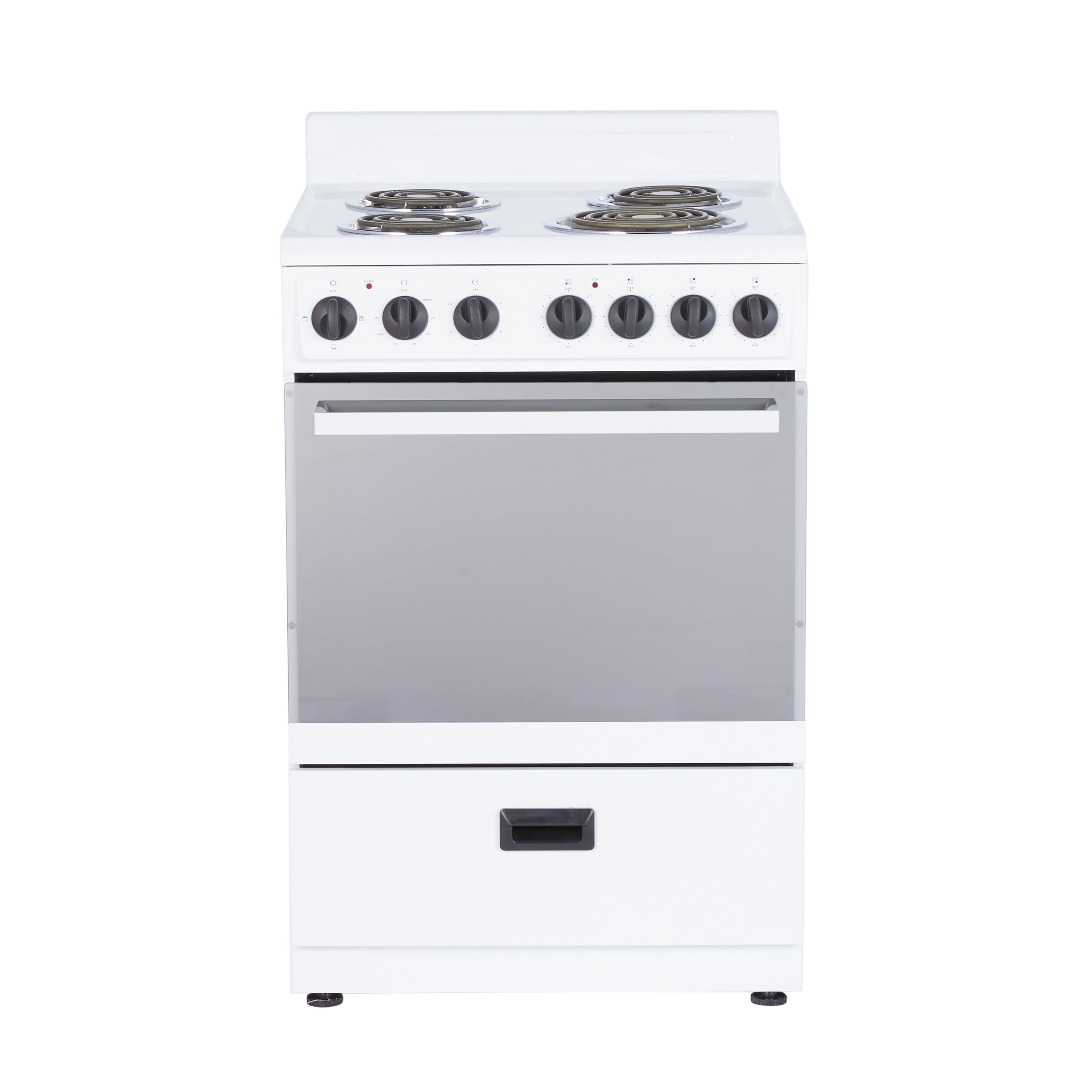 Estufa Eléctrica Independiente de 24 pulgadas con 4 quemadores y 2.7 pies cúbicos Levella Premium (blanca con mango blanco y perillas negras)