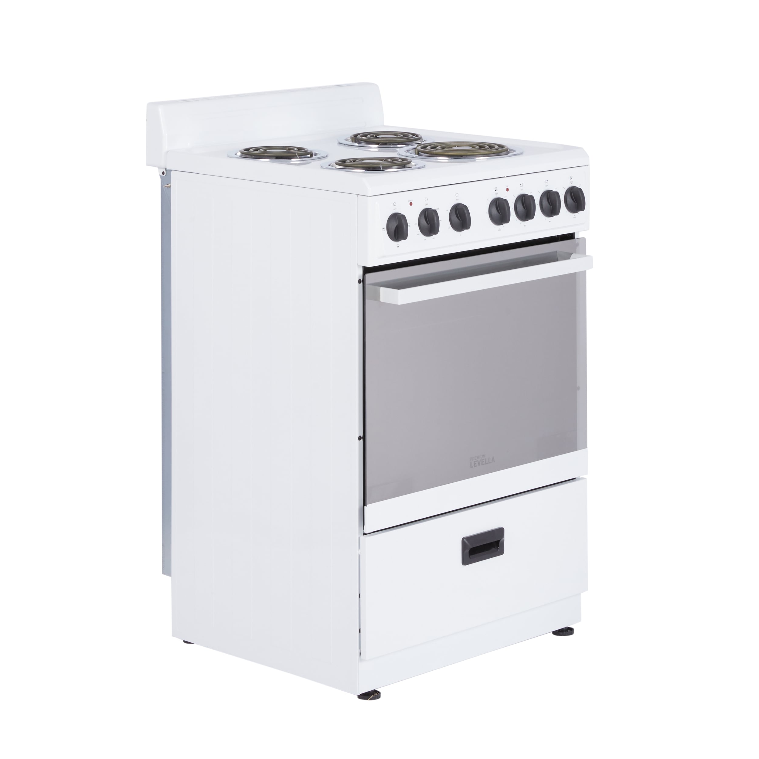 Estufa Eléctrica Independiente de 24 pulgadas con 4 quemadores y 2.7 pies cúbicos Levella Premium (blanca con mango blanco y perillas negras)