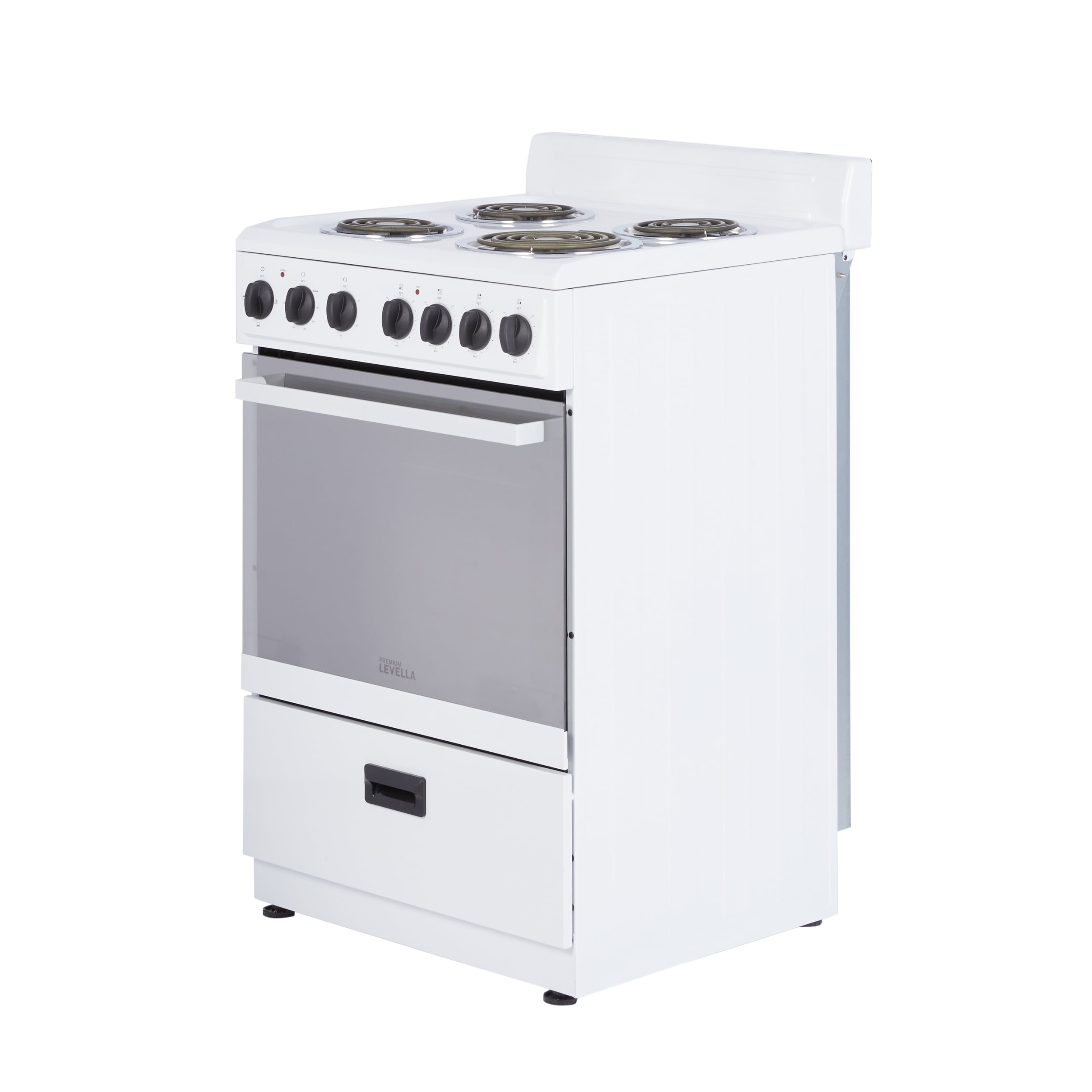 Estufa Eléctrica Independiente de 24 pulgadas con 4 quemadores y 2.7 pies cúbicos Levella Premium (blanca con mango blanco y perillas negras)