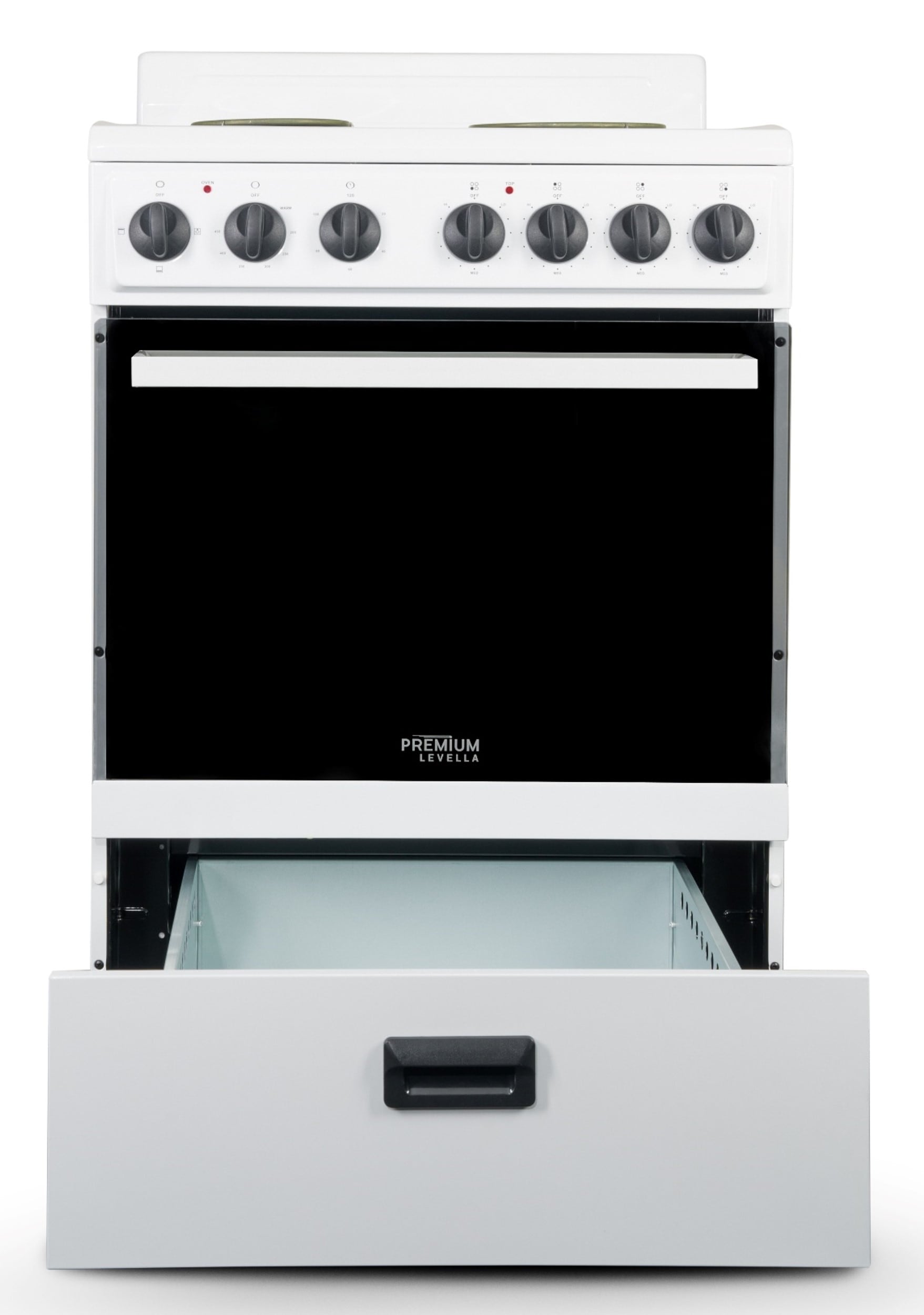 Estufa Eléctrica Independiente de 24 pulgadas con 4 quemadores y 2.7 pies cúbicos Levella Premium (blanca con mango blanco y perillas negras)