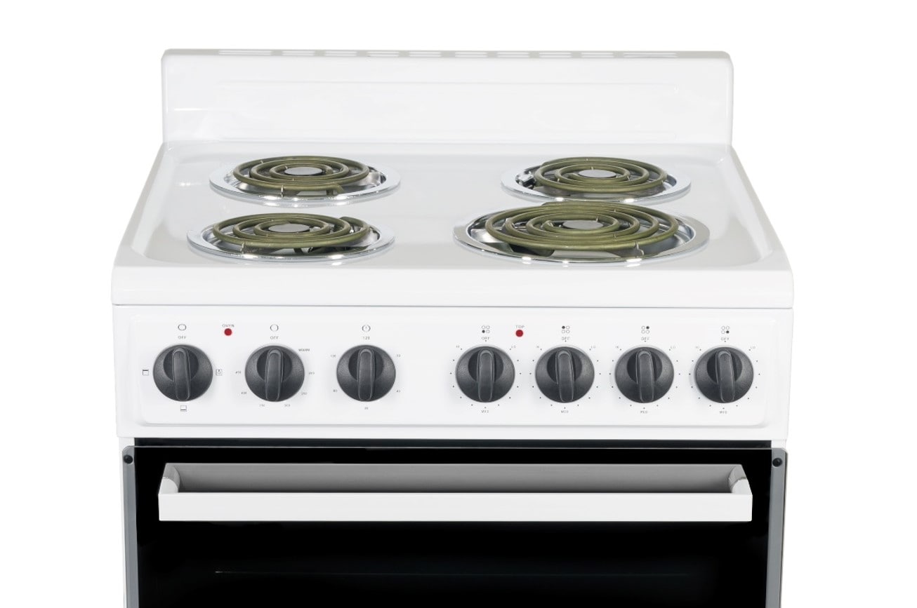 Estufa Eléctrica Independiente de 24 pulgadas con 4 quemadores y 2.7 pies cúbicos Levella Premium (blanca con mango blanco y perillas negras)