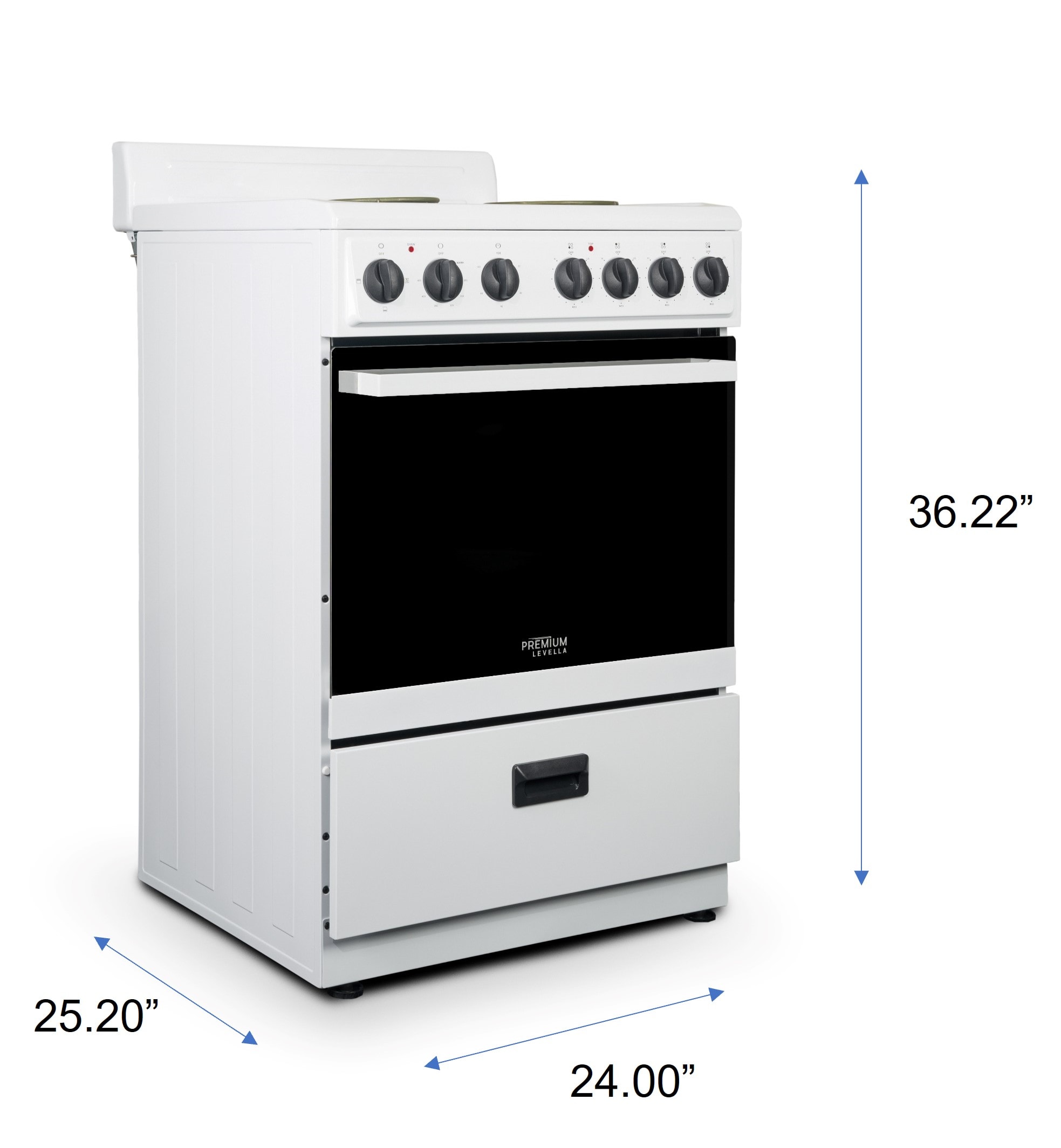 Estufa Eléctrica Independiente de 24 pulgadas con 4 quemadores y 2.7 pies cúbicos Levella Premium (blanca con mango blanco y perillas negras)