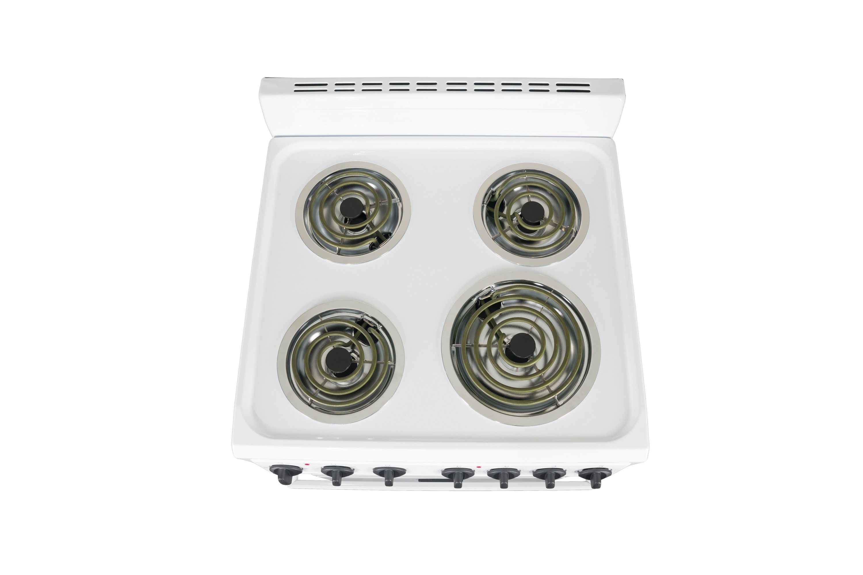 Estufa Eléctrica Independiente de 24 pulgadas con 4 quemadores y 2.7 pies cúbicos Levella Premium (blanca con mango blanco y perillas negras)