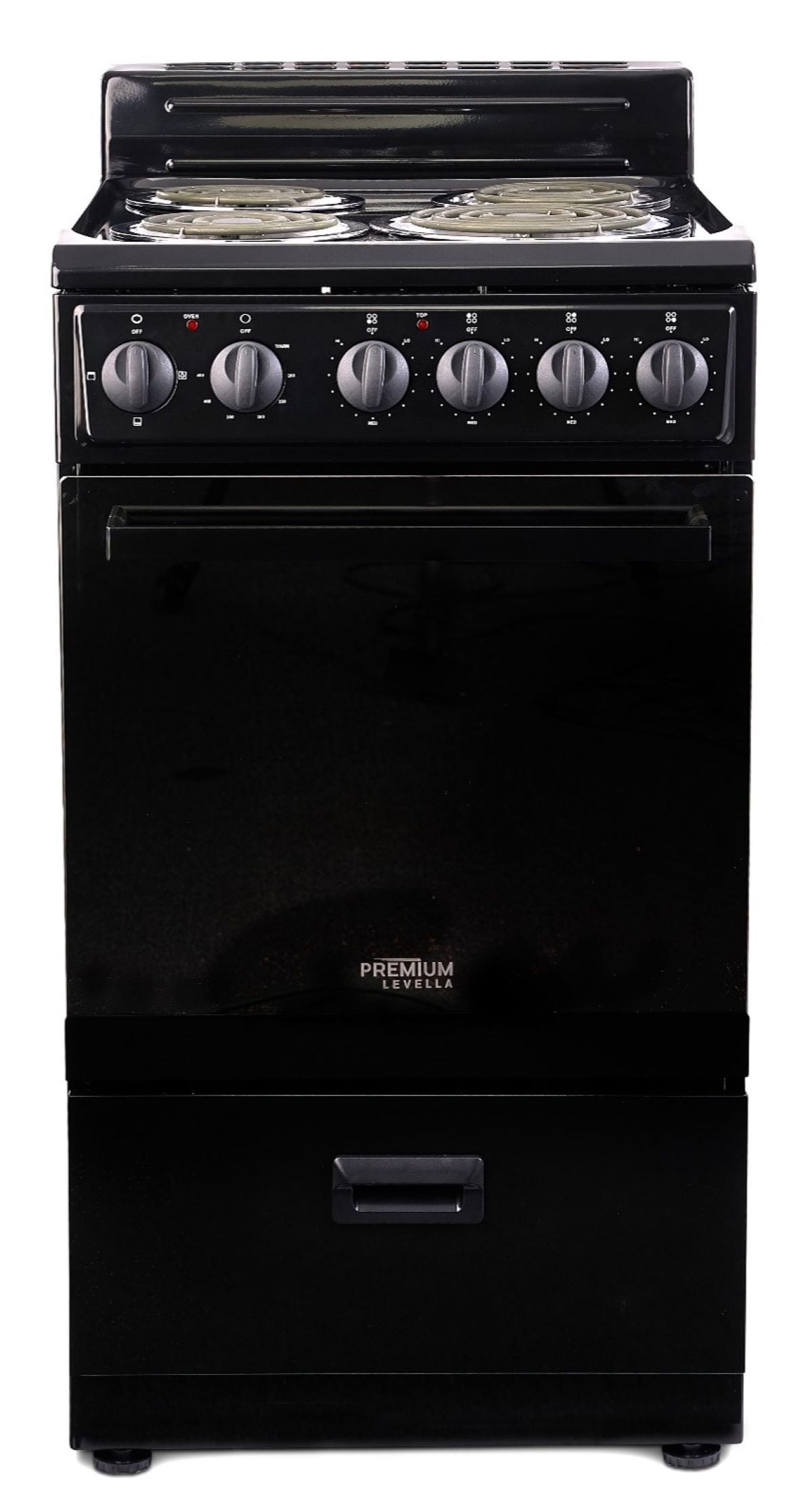 Estufa Eléctrica Independiente de 4 quemadores y 2.2 pies cúbicos con acabado negro y puerta de vidrio reflectante Premium Levella de 20 pulgadas