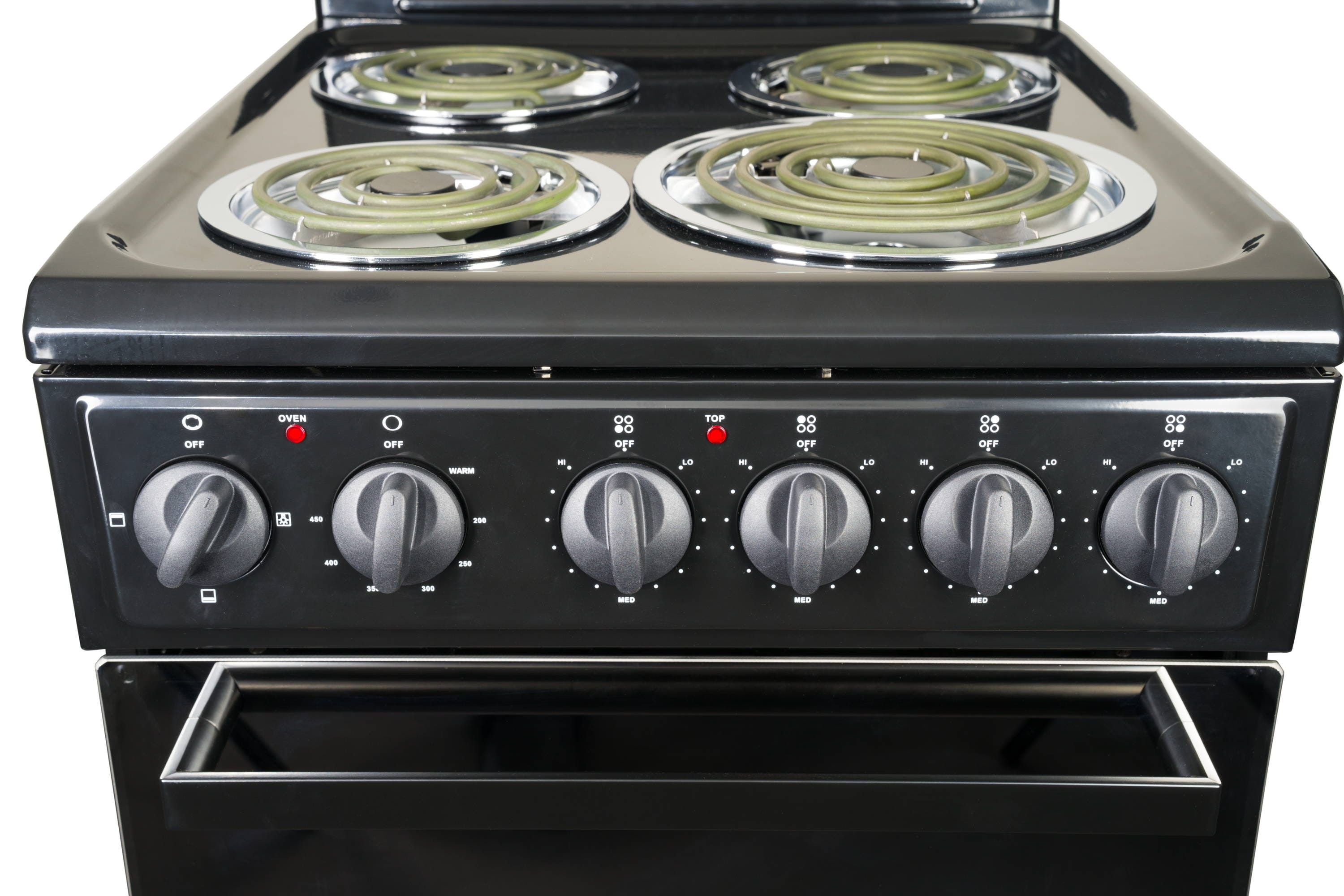 Estufa Eléctrica Independiente de 4 quemadores y 2.2 pies cúbicos con acabado negro y puerta de vidrio reflectante Premium Levella de 20 pulgadas