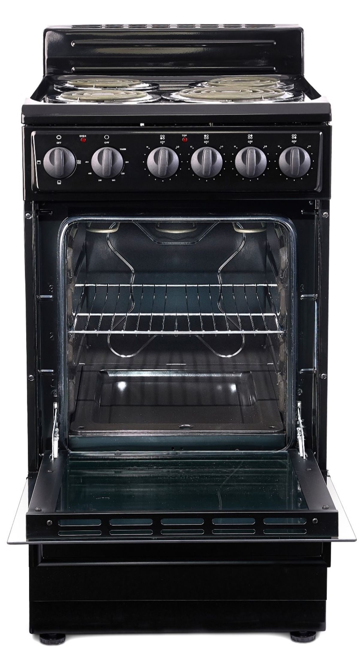 Estufa Eléctrica Independiente de 4 quemadores y 2.2 pies cúbicos con acabado negro y puerta de vidrio reflectante Premium Levella de 20 pulgadas