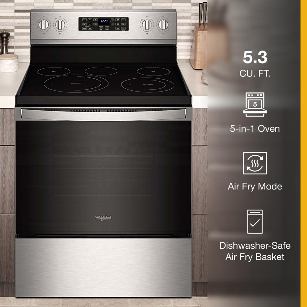 Estufa eléctrica independiente con horno de convección de freidora de aire y 5 quemadores de vidrio de 30 pulgadas, resistente a huellas dactilares de acero inoxidable WFE550S0LZ de Whirlpool