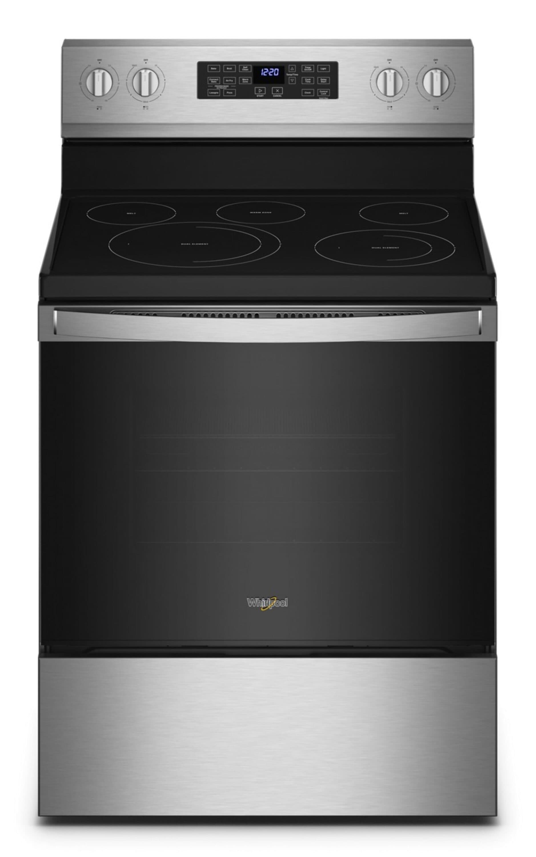 Estufa eléctrica independiente con horno de convección de freidora de aire y 5 quemadores de vidrio de 30 pulgadas, resistente a huellas dactilares de acero inoxidable WFE550S0LZ de Whirlpool