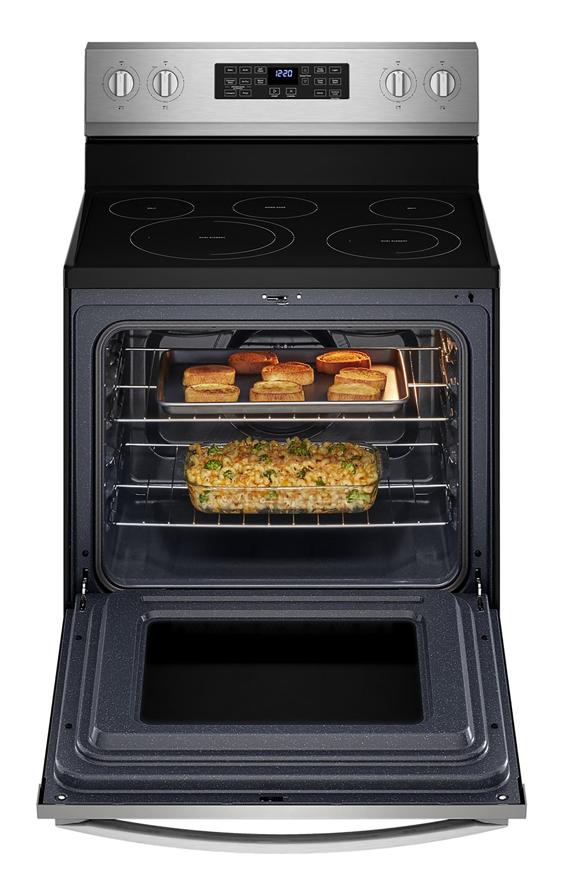 Estufa eléctrica independiente con horno de convección de freidora de aire y 5 quemadores de vidrio de 30 pulgadas, resistente a huellas dactilares de acero inoxidable WFE550S0LZ de Whirlpool
