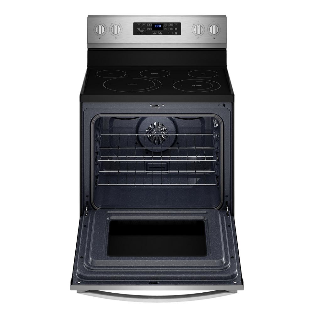 Estufa eléctrica independiente con horno de convección de freidora de aire y 5 quemadores de vidrio de 30 pulgadas, resistente a huellas dactilares de acero inoxidable WFE550S0LZ de Whirlpool