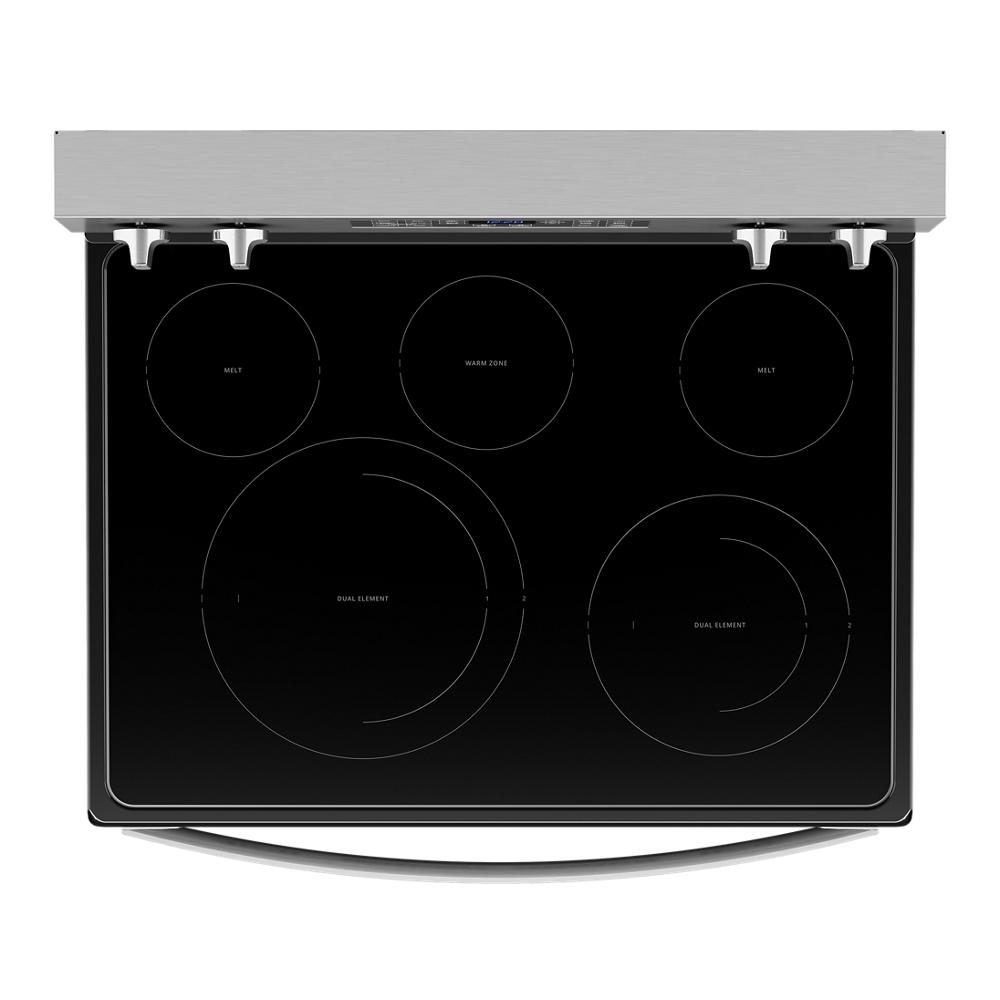 Estufa eléctrica independiente con horno de convección de freidora de aire y 5 quemadores de vidrio de 30 pulgadas, resistente a huellas dactilares de acero inoxidable WFE550S0LZ de Whirlpool
